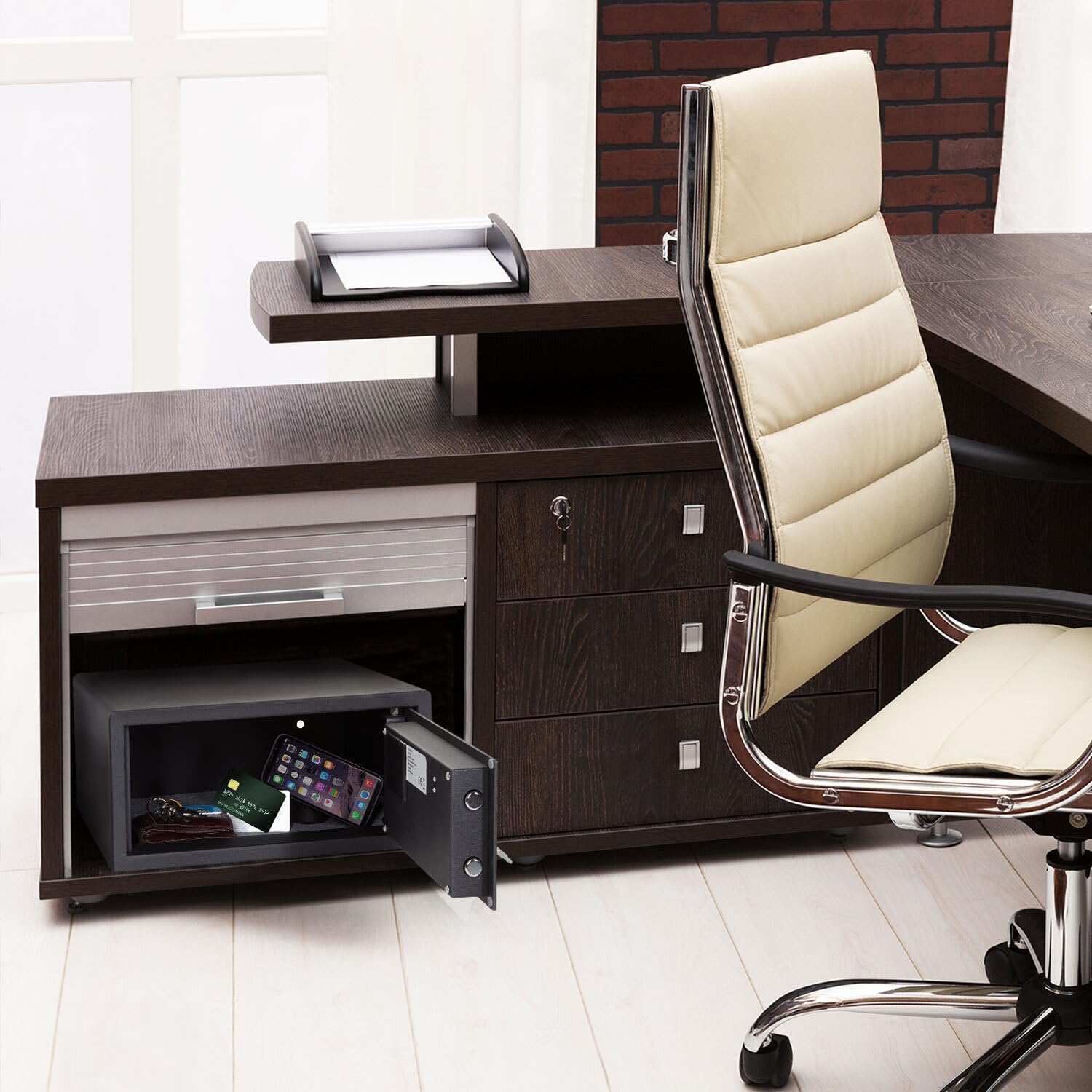 hjh OFFICE 830038 Caja fuerte de seguridad electrónica SAFE COMPACT I 25,5 L, Acero, con teclado y cerradura para llave, 20x42x37cm, Negro