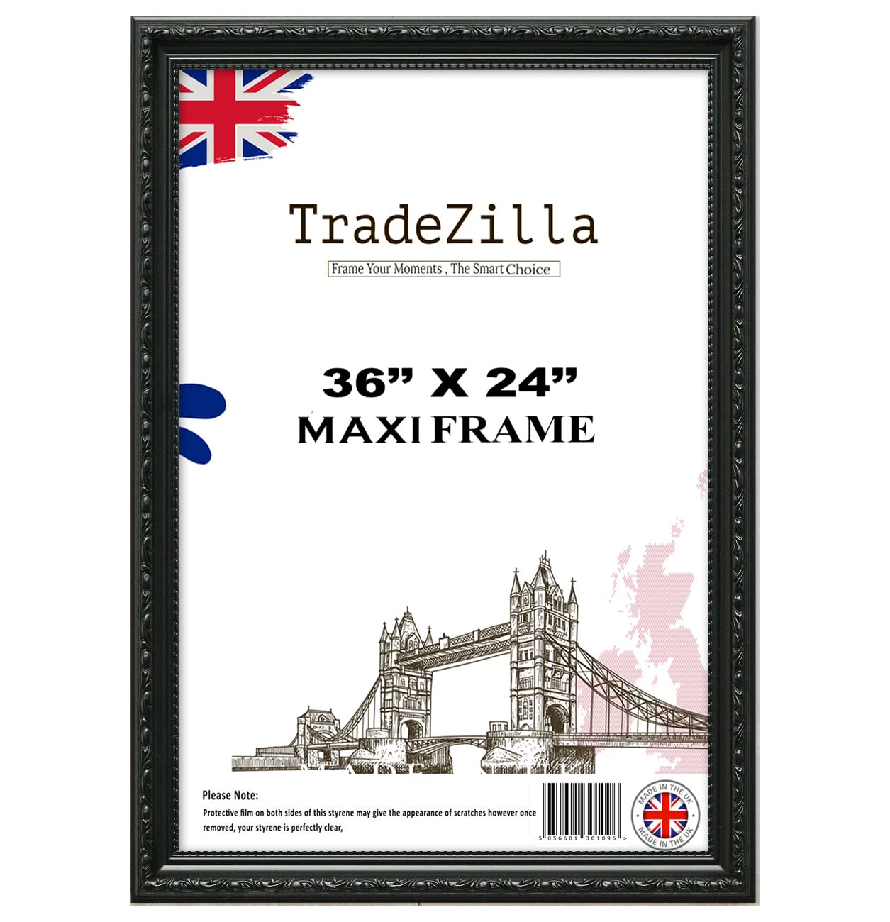 Tradezilla Black Antique Style Frame 36X24 Size - Ornate Shabby Chic Picture/Photo/Poster Vintage Frame With Mdf Backing Board Perspex- For Gift Wall Gallery Home Décor- 36X24 (91.4X61 Cm)