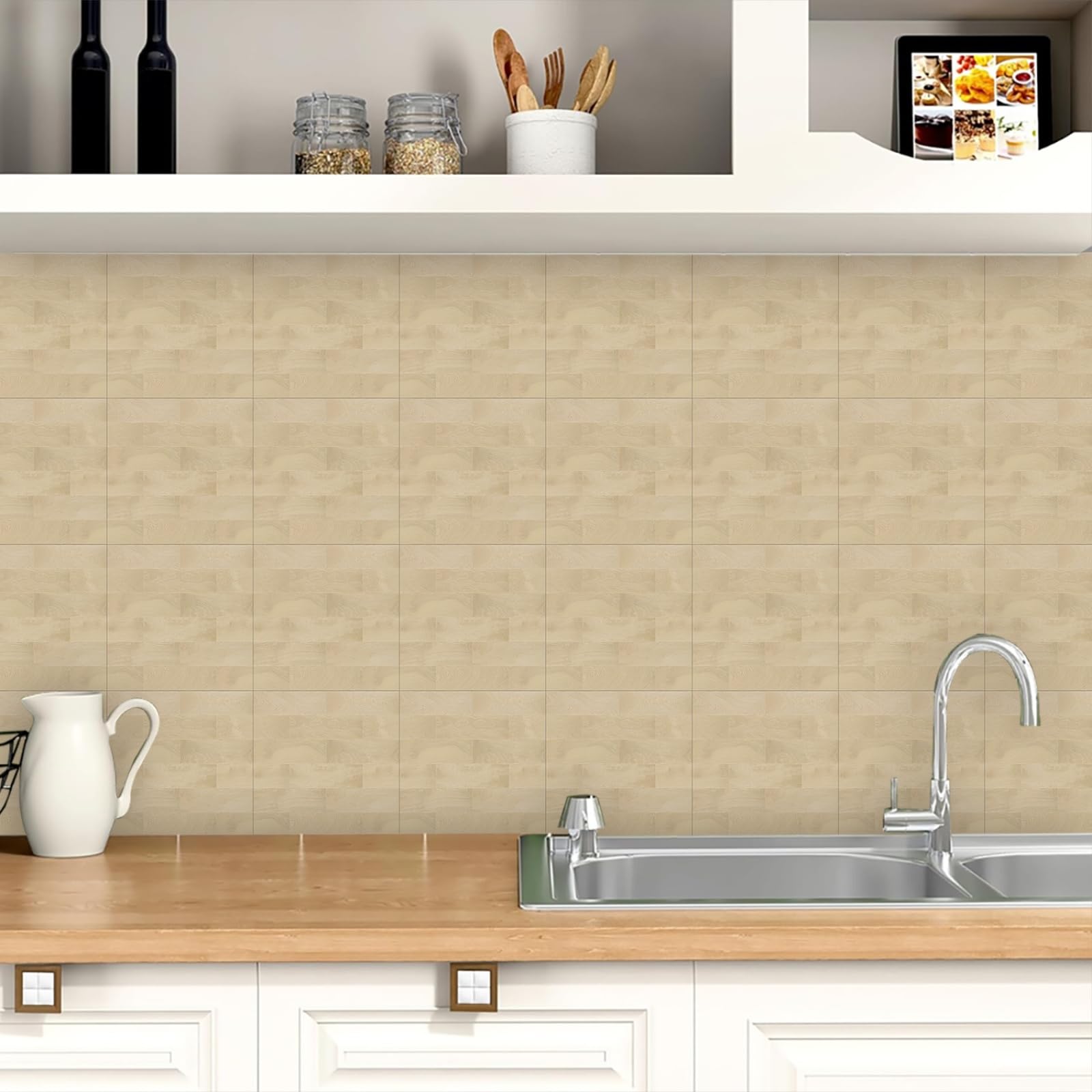 Stick on Tiles Geometric Wood Grain Tile Stickers Waterproof Oilproof PVC Self Adhesive Wall Cabinet Fireplace Bathroom Kitchen Home Decor 10x10 cm/10 Pcs