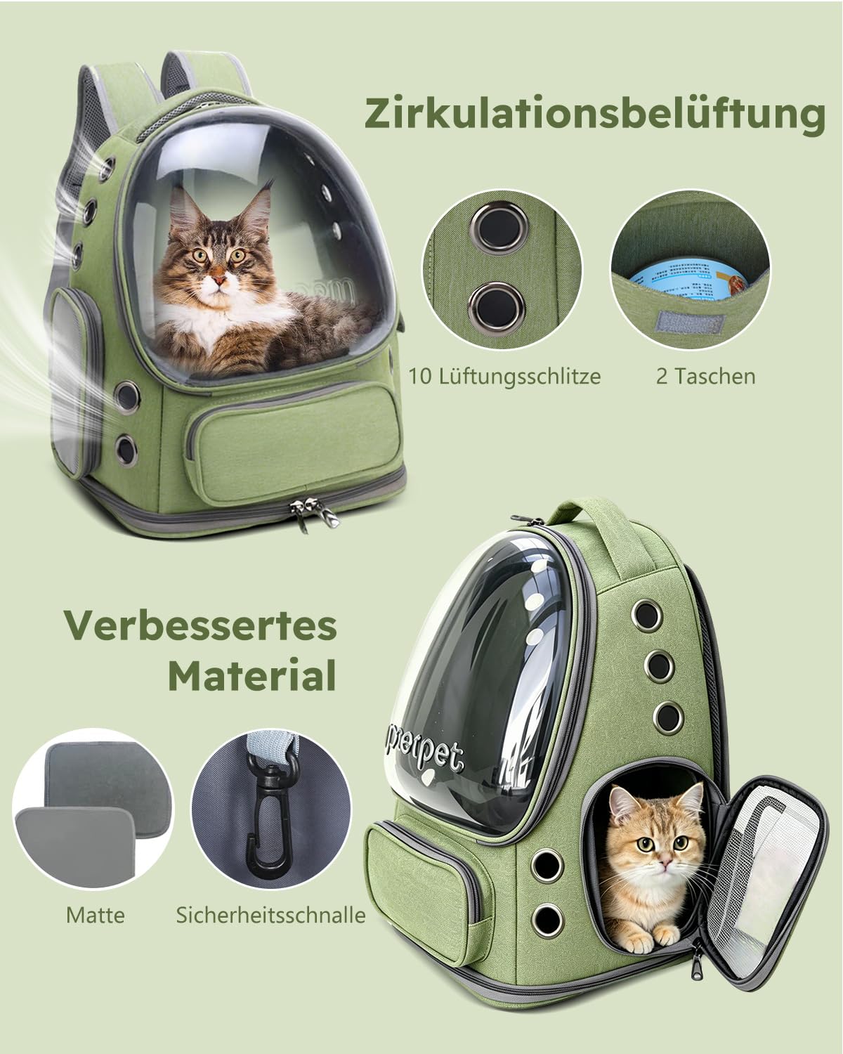 PETCUTE Katzenrucksack mit Fenster,Tragbar Raumkapsel Haustier Rucksack Belüften mit Herausnehmbarer Matte,Hunde Reise Rucksack Träger mit Sicherheitsleine,für Auto Wandern,Armeegrün