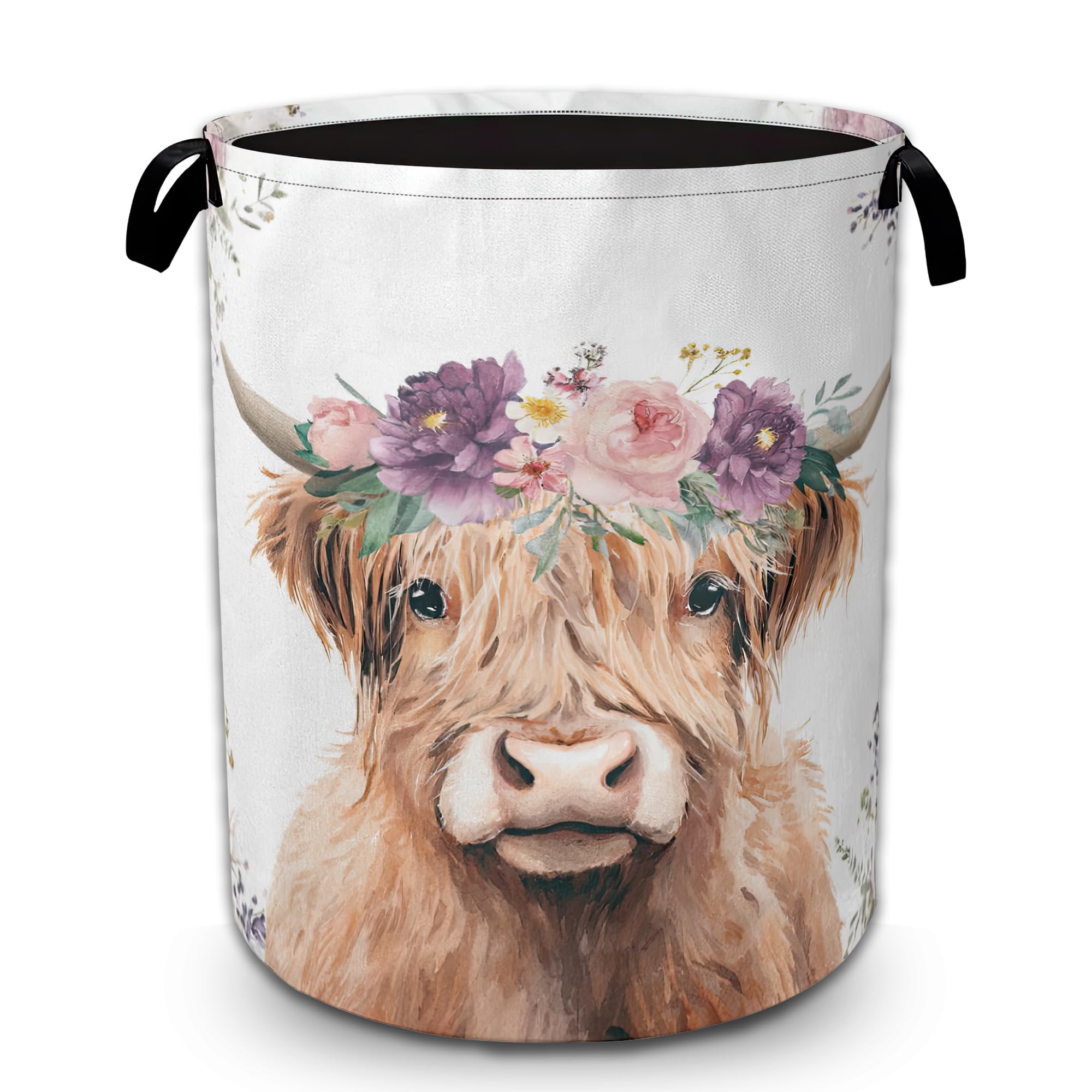 Bilangce Girls Highland Cow With Flower Laundry Basket Highland Cow Laundry Hamper Kids Storage Bin Collapsible Waterproof Toy Clothes Organizer Baskets For Bedroom Bathroom Decor