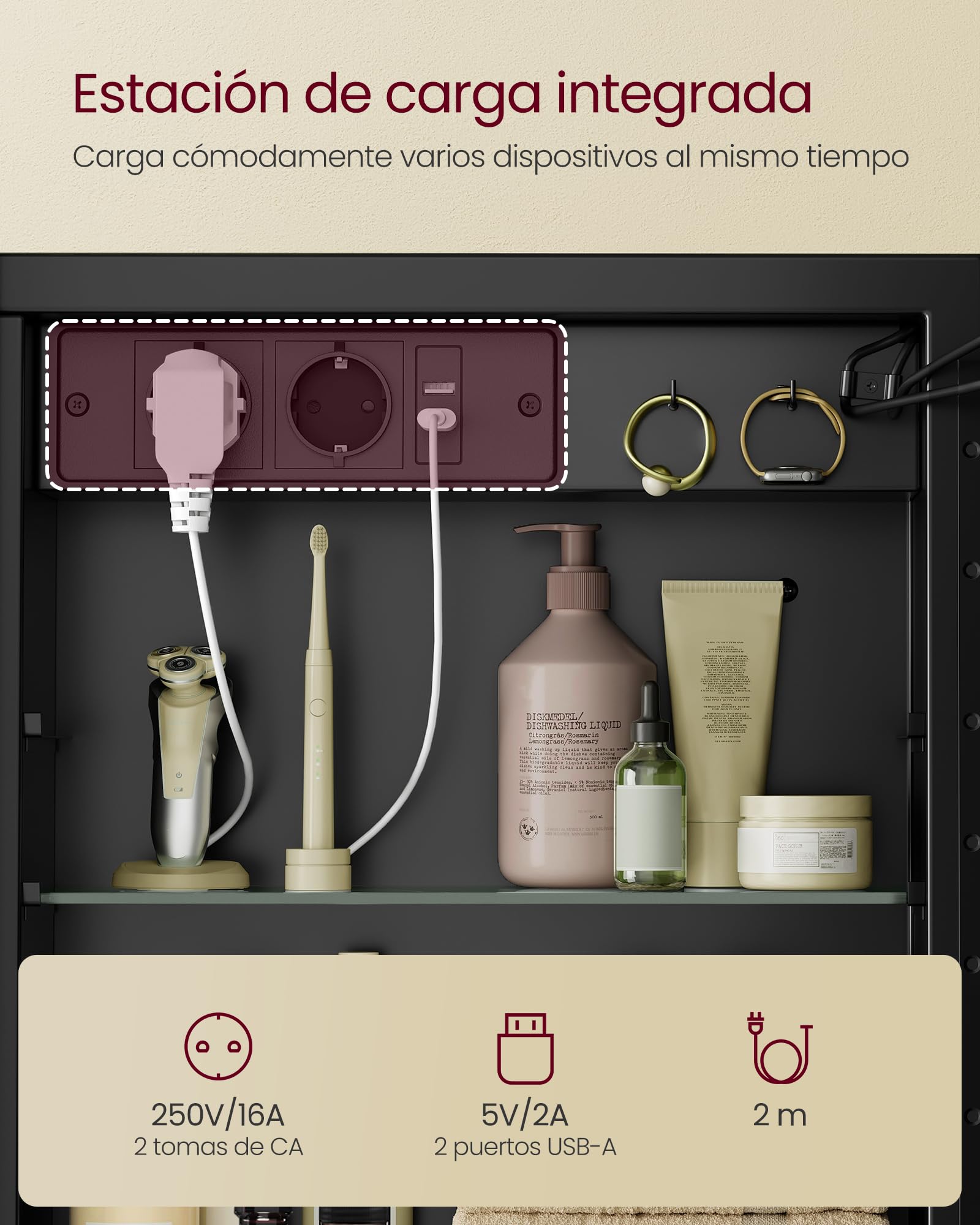 VASAGLE Armario de Baño de Pared con Espejo y Luz, 2 Estantes Ajustables | Armario Colgante de Baño, 2 Tomas de CA y 2 Puertos USB, Esquinas Redondeadas, Negro Tinta, Colección AILEAS, BBK128B01