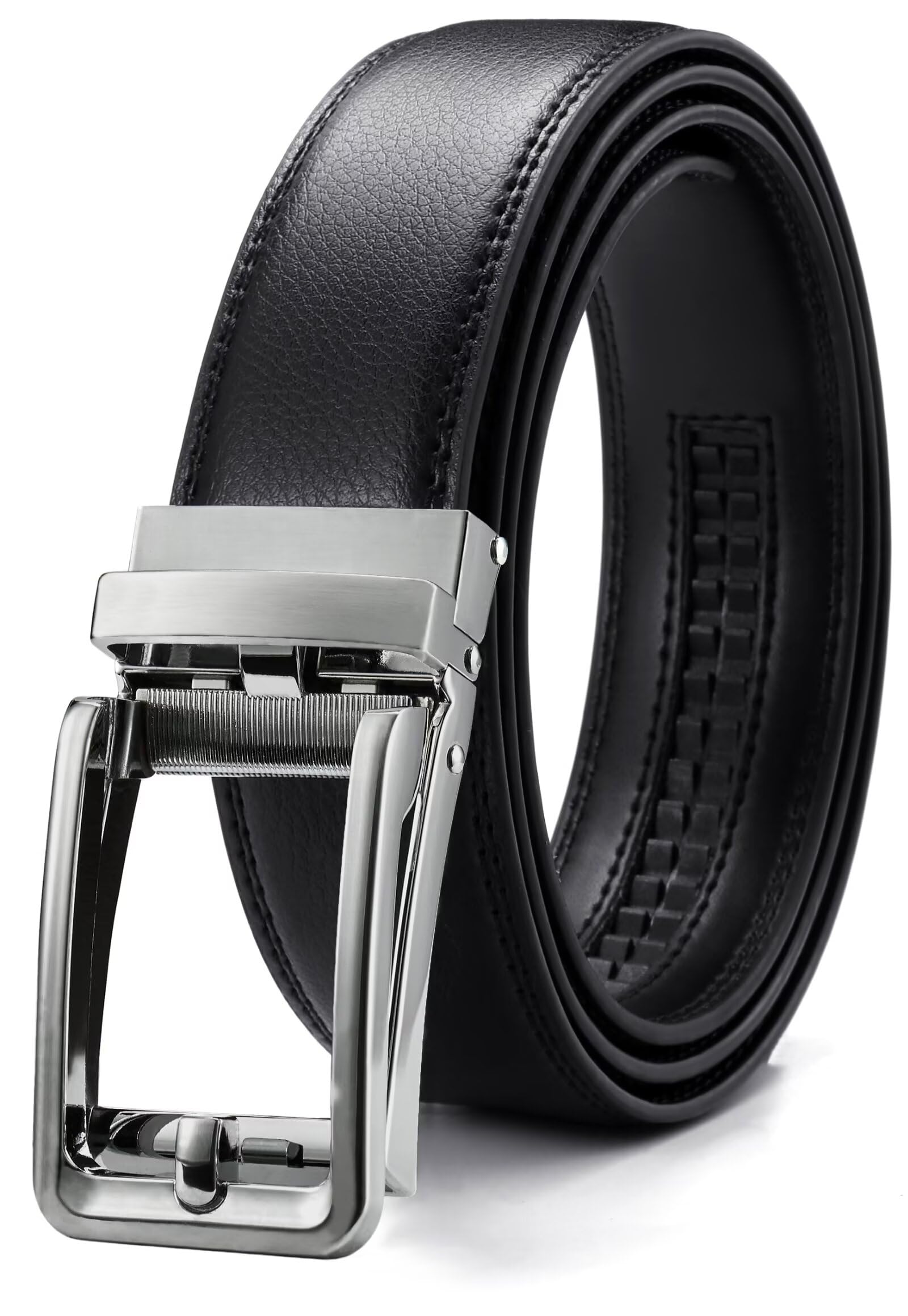 CHAOREN Ratchet Belt - Mens Dress Belt 1 3/8" Comfort Click - Micro Adjustable Fit Everywhere, Silver Chrome - Black, 36" to 42" Waist Adjustable
