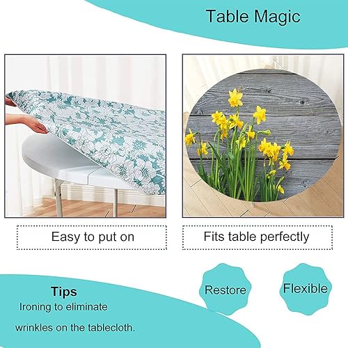 Miniatura 5 de Mantel redondo de flores amarillas, ramo de narcisos en tablones de madera, jardinería, tema rústico de vida campestre, borde elástico, mantel de