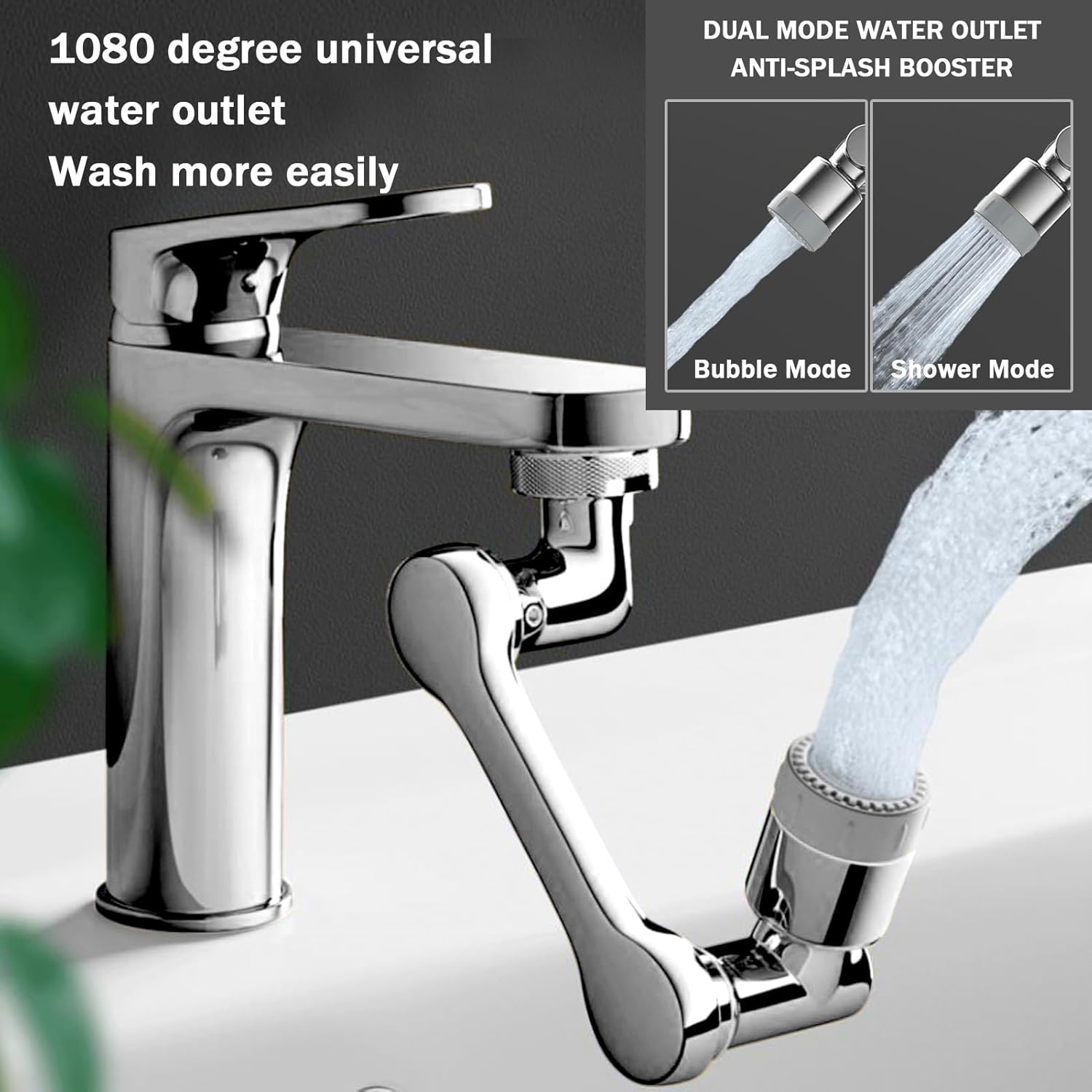 1080° Swivel Faucet Extender Filter, Universal Fit Sink Aerator with 4-Layer Filtration, 2 Water Modes for Kitchen Bathroom Tap(Silver)