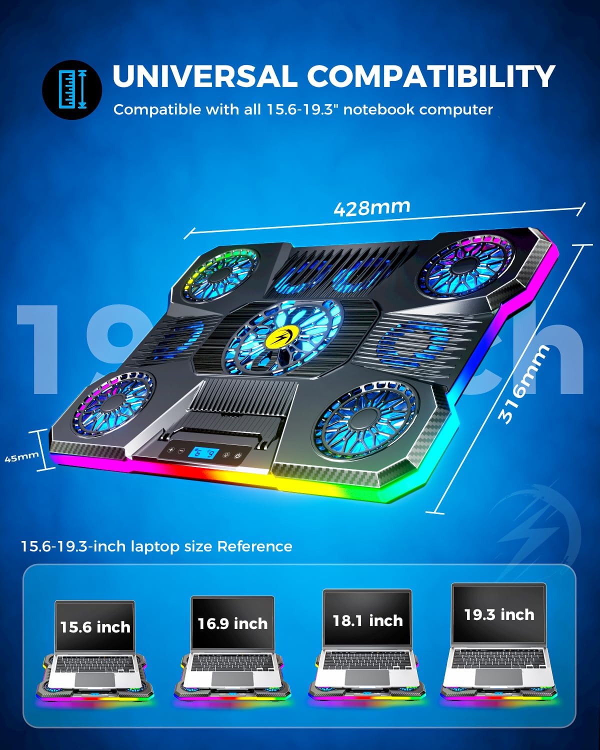 ChillCore Laptop Cooler, 9 Fans RGB Lights, 15.6-19.3 Inch Laptops, Blue