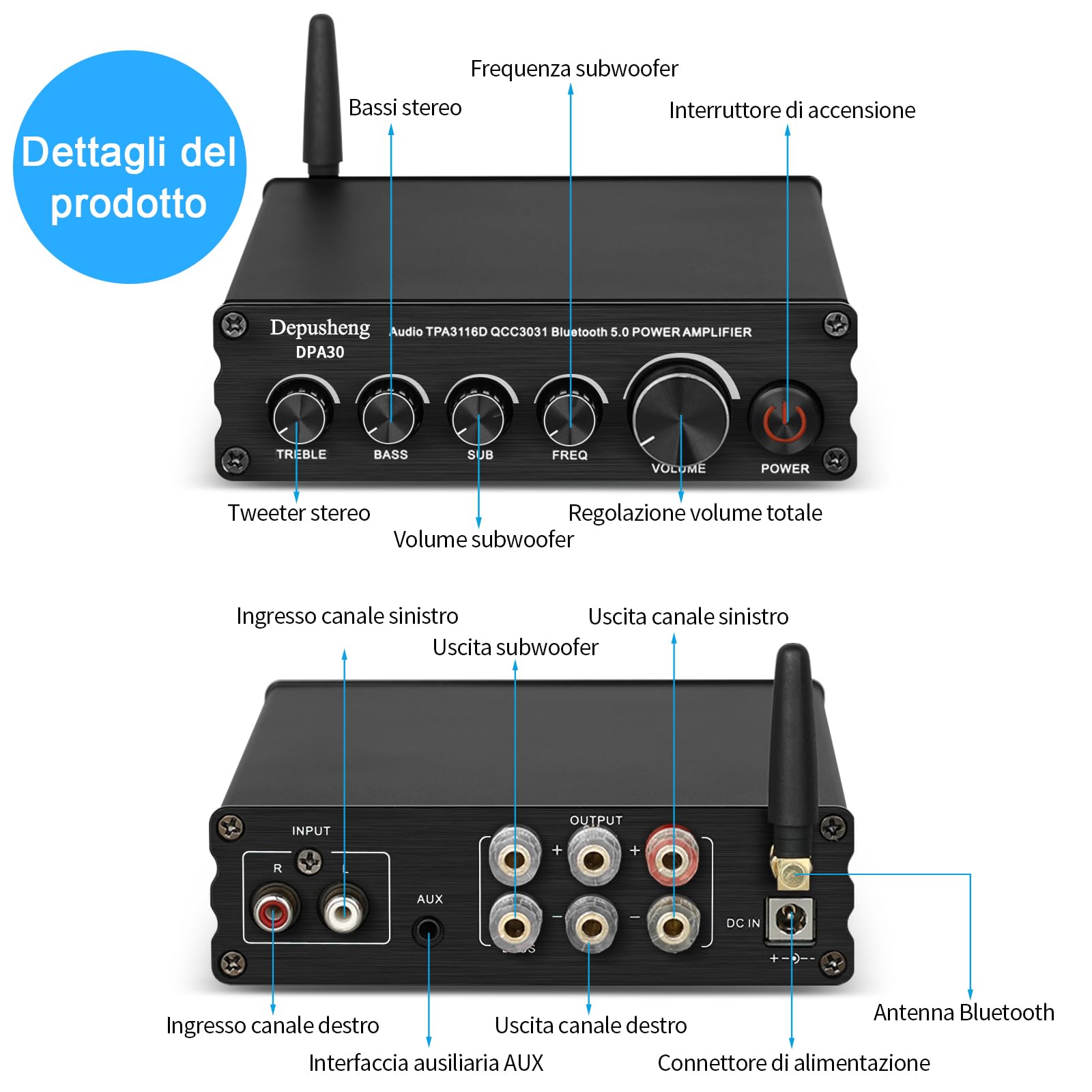 Depusheng DPA30 Amplificatore ricevitore audio 2.1 canali Mini Hi-Fi Bluetooth 5.0 Amplificatore componente audio 50 W x2+100 W per altoparlanti passivi da esterno/subwoofer Subwoofer alimentato