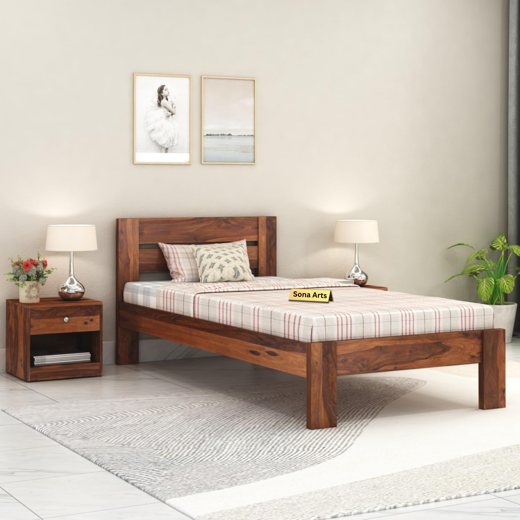 SONA Art & Crafts Solid Sheesham Wood Single Bed Without Storage for Bedroom Solid Wood Single Size Cot Palang Wooden Hostel Bed Cot Living Room Furniture (SAC-SB-17)-image-17