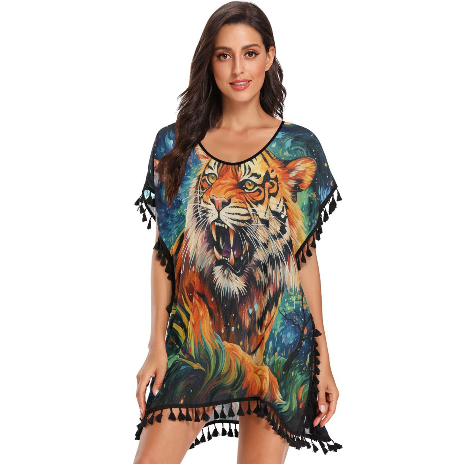 Artwork Moon Tiger Women's Beach Cover Up Chiffon Tassel Swimwear Swimsuit Coverups for Girl