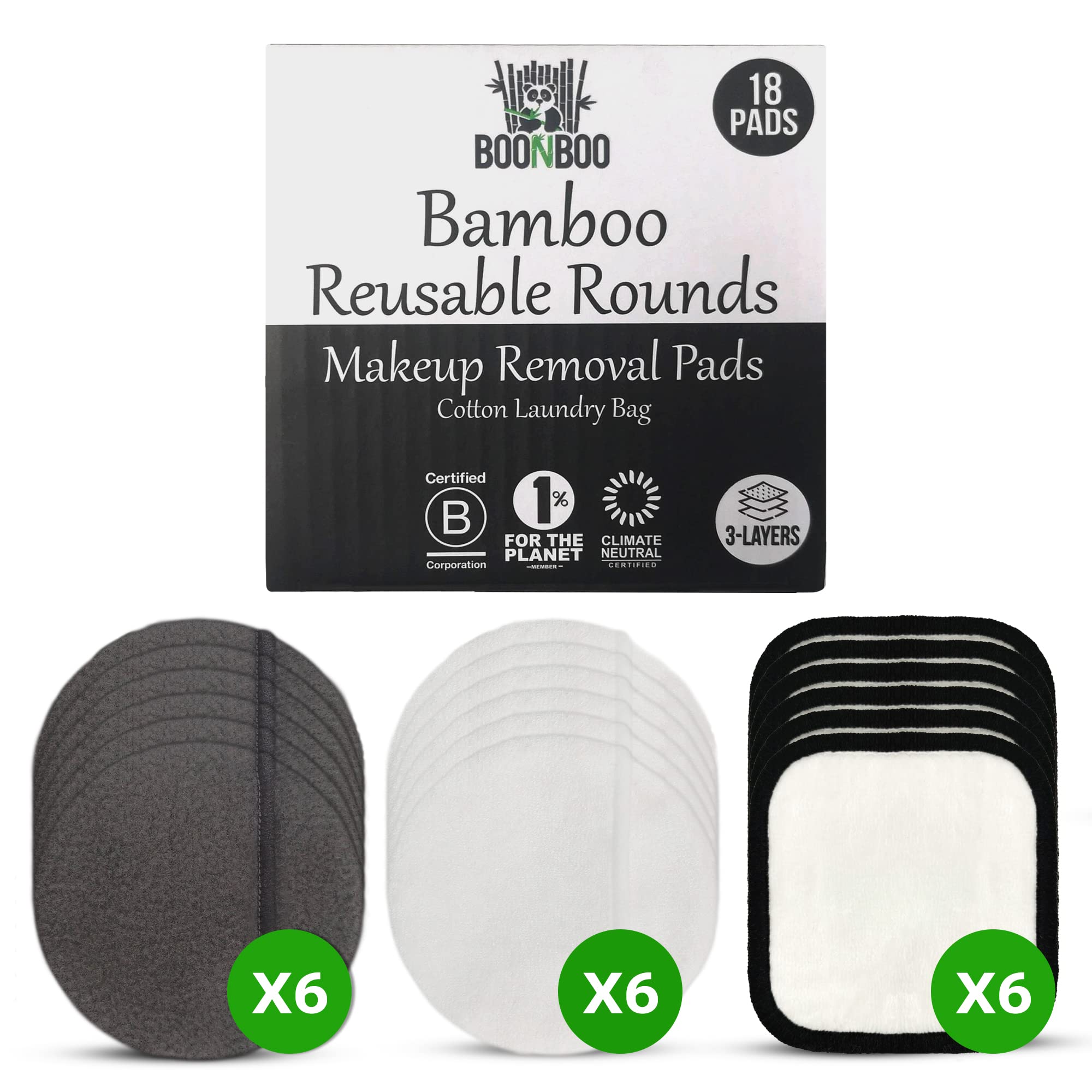 BOONBOOFacial Pad Reusable Make-Up Removal Pad 16 Pads + Laundry Bag Bamboo and Cotton Fibre Sustainable & Biodegradable Plastic-Free