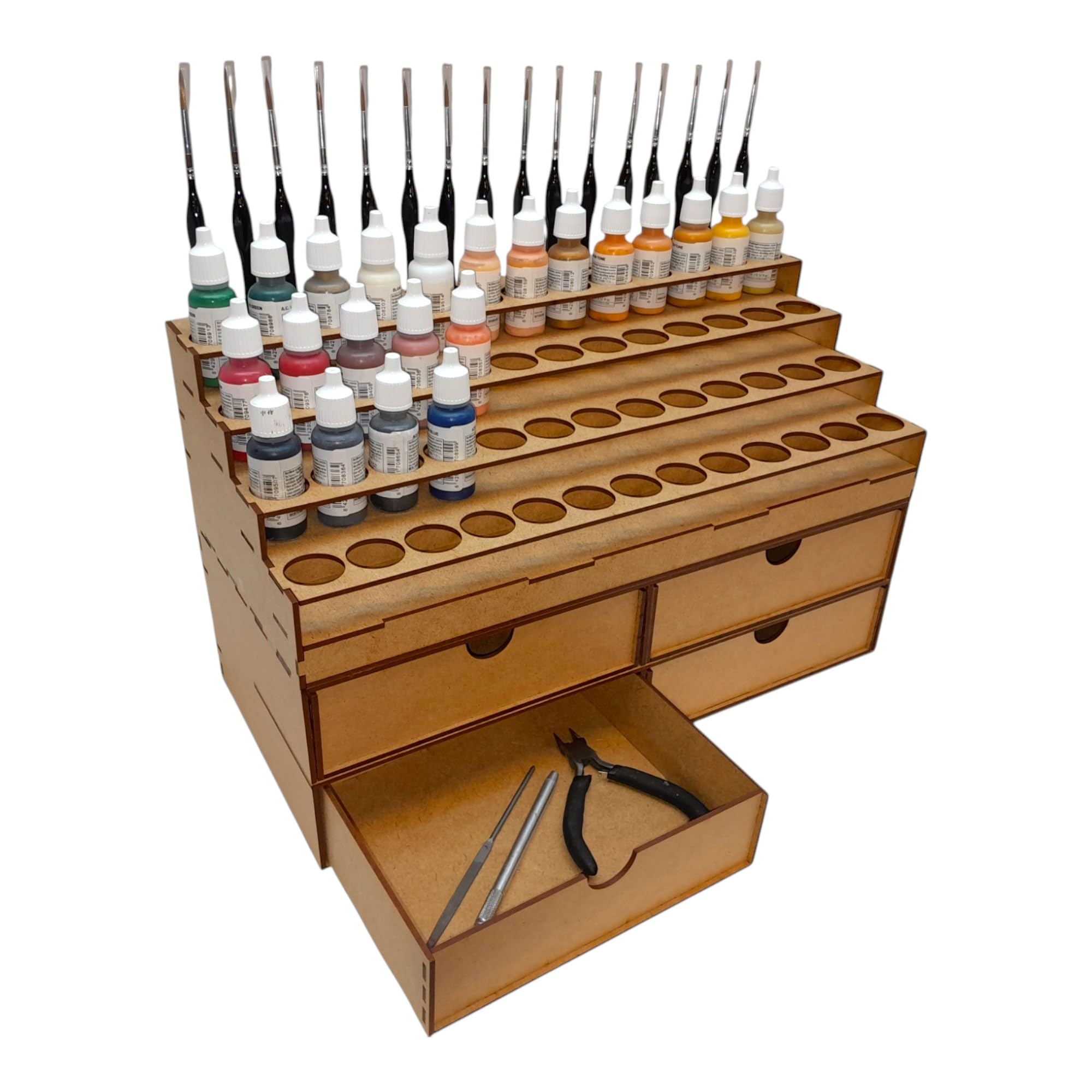 Rangement Peintures Vallejo 52 pots 16 Pinceaux 4 Grands Tiroirs. Support peinture warhammer 40k Compatible Peinture Army Painter rangement maquette outils