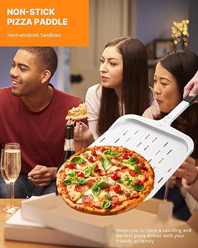 Miniatura 4 de Pala de pizza de 12 pulgadas, pala de aluminio perforada para pizza (12 pulgadas) con mango resistente al calor, espátula antiadherente y ligera