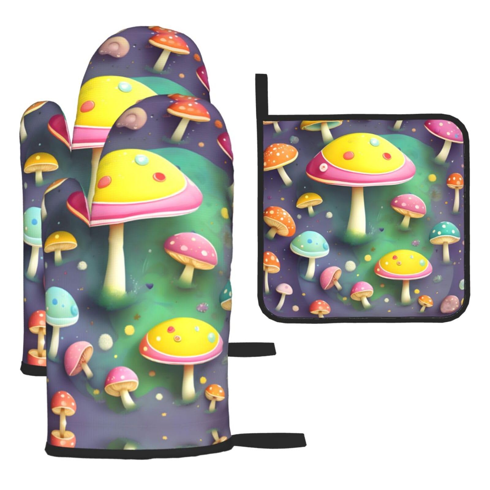 Colorful Dream Mushroom Oven mittens and oven mitts three-piece set suitable for oven, grilling, baking, microwave and home cooking.