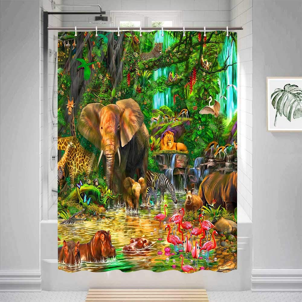 Gdmoon Jungle Animal Shower Curtain Tropical Forest Elephant Lion Flamingo Giraffe Zebra Monkey Leopard Rhino Parrot Deer Cartoon Wildlife Zoo for Bathroom Decor Bathtub Curtain 48x72In