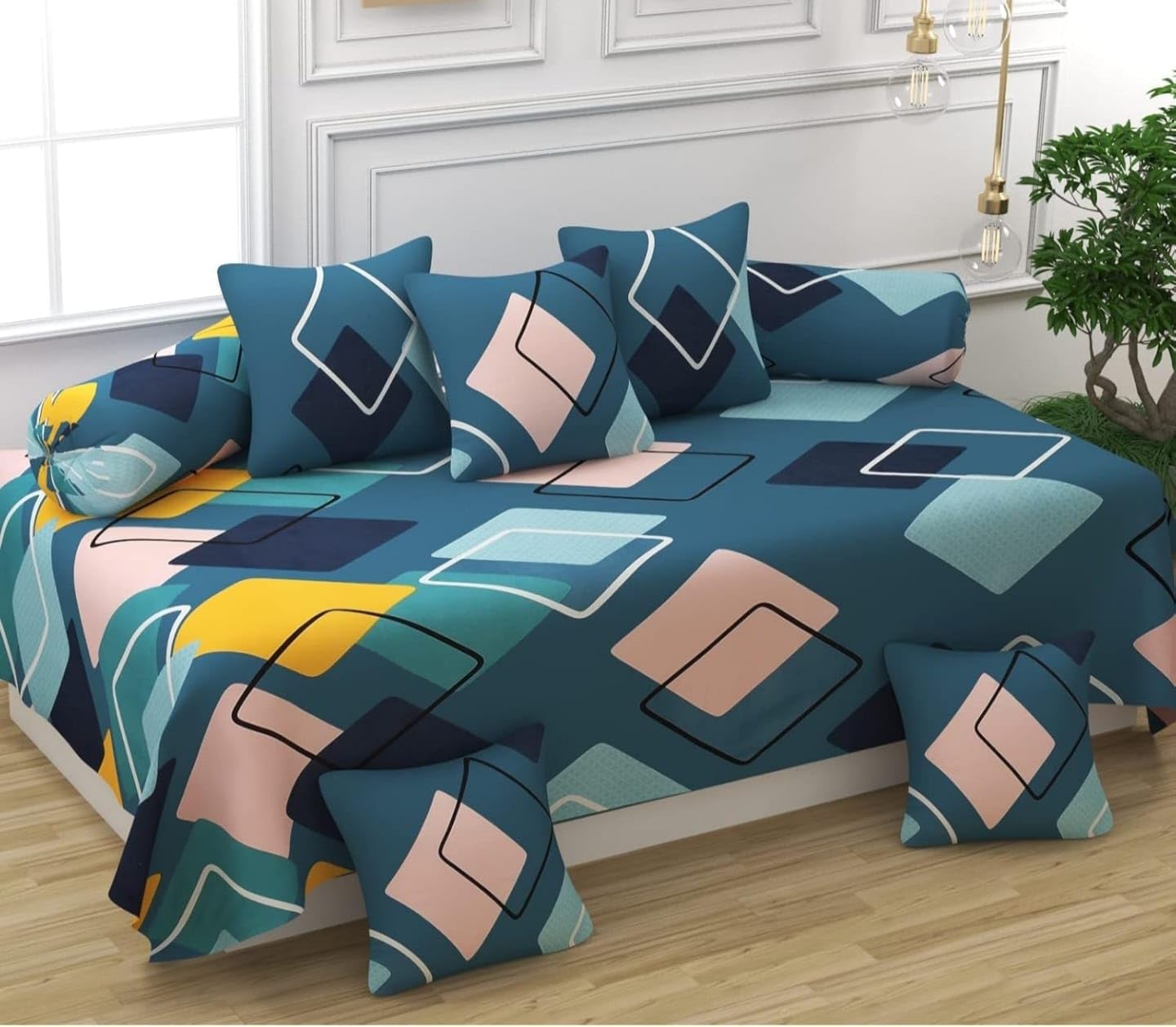 NHD HOME diwan Set for Living Room, diwan Set Covers Glace Cotton, diwan Set 8 Pieces (1 Single Bedsheet, 5 Cushion Covers, 2 Bolster Covers) (Color-White & Yellow) Blue and White-image-28