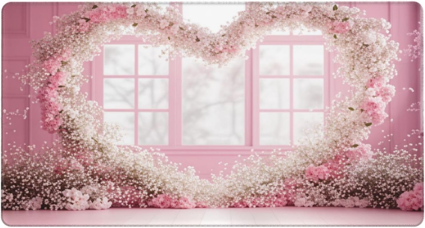 Valentine's Day Pink Cherry Blossom Heart Extended Gaming Mouse Pad 30 X 16, Large Desk Mat for Keyboard and Mouse, Waterproof Office Desk Pad, Non?Slip Rubber Base, Stitched Edges