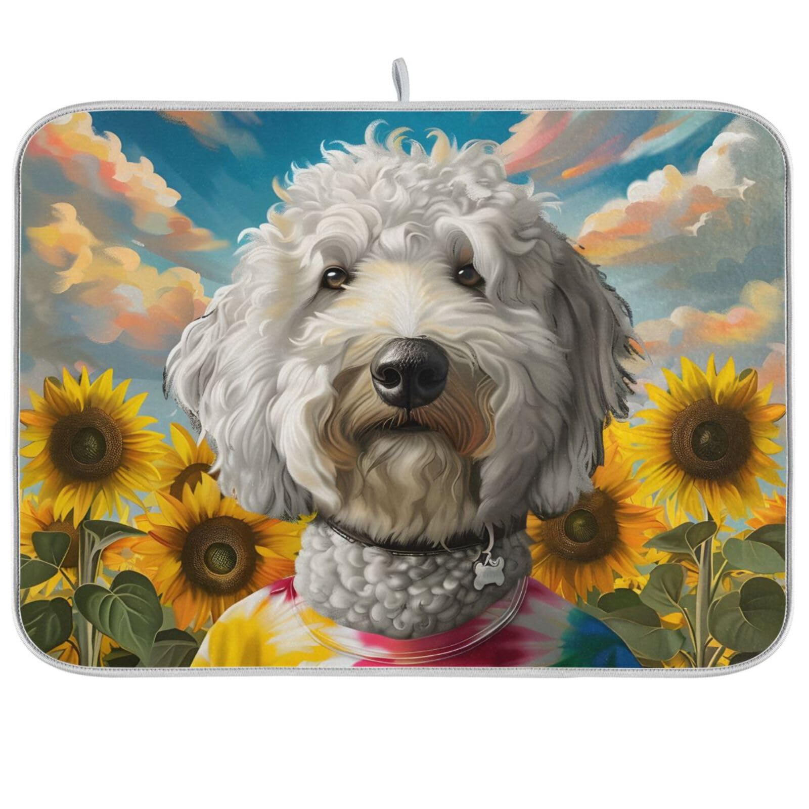 Dish Drying Mats for Kitchen Counter, Large Microfiber Dish Drying Mat 45x60 White Dog and Sunflower Sink Drainer Absorbent Coffee Machine Protector Mat โ image 1