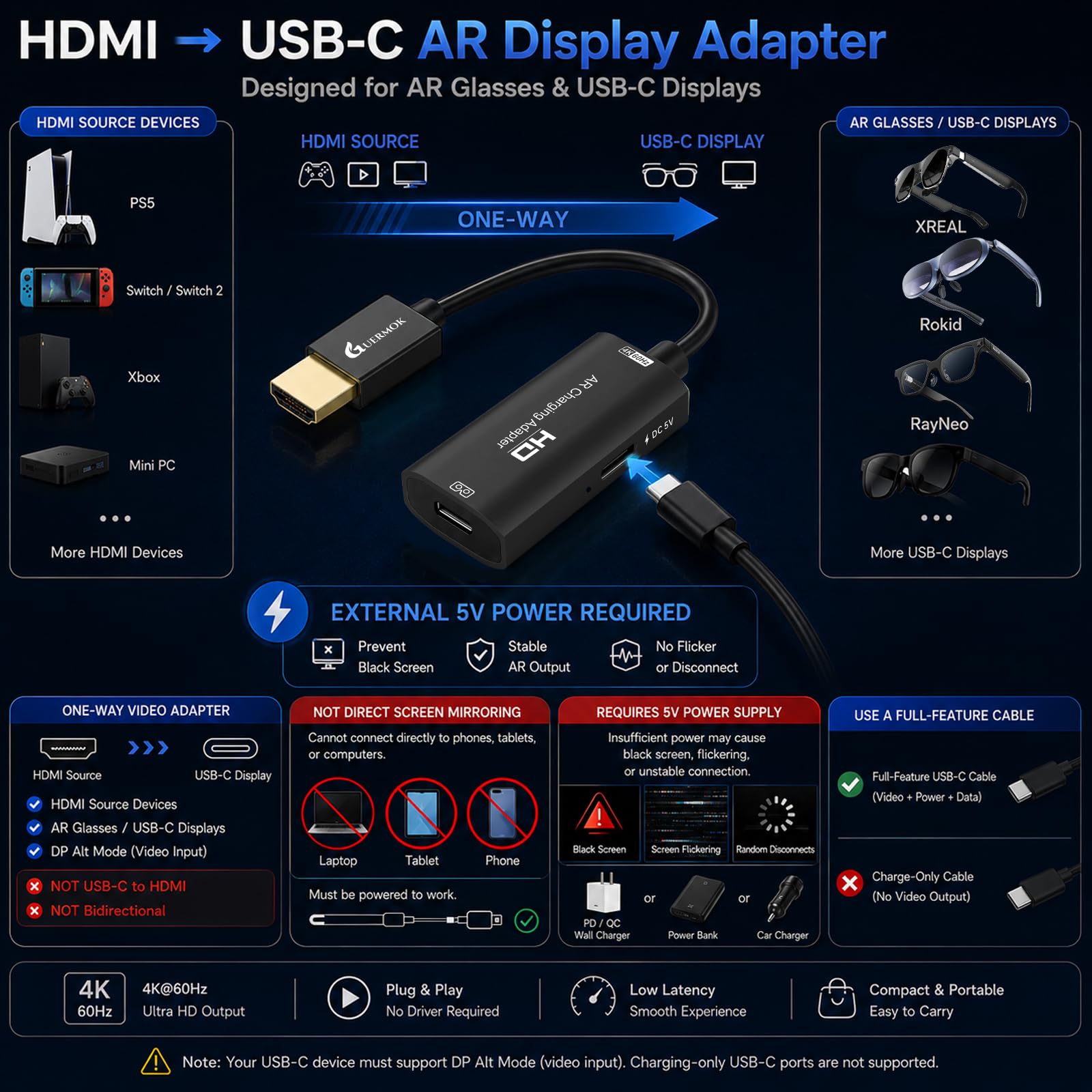 Guermok Adaptador HDMI a USB-C para gafas AR, convertidor AR 4K@60Hz con carga y puerto DC 5V – Compatible con XREAL One/Air 2 Pro, RayNeo, Rokid, Switch2/1, Xbox1, PS4/5, monitores portátiles (Negro)