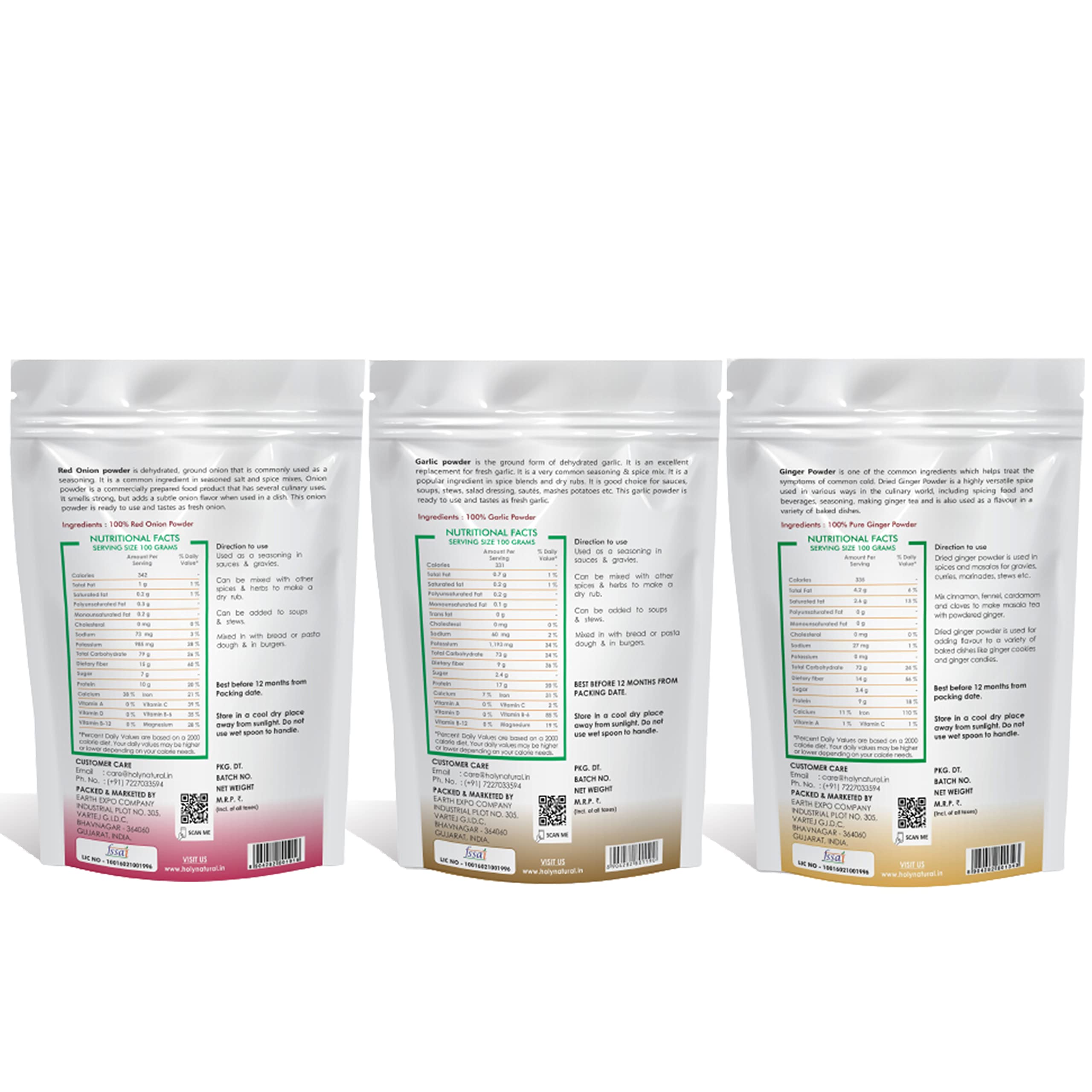 Holy Natural’s Red Onion Powder, Garlic Powder & Ginger Powder – 100 GM Each I Flavour Enhancer I Use in sauces, salad dressings, gravies & stews I 100% Pure & Natural I (Pack of 3) - Image 2 thumbnail