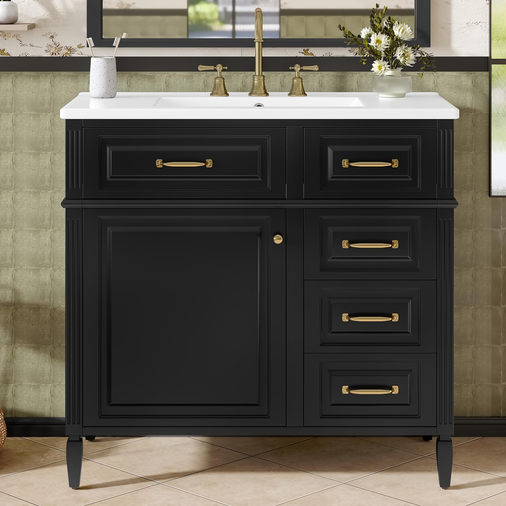 36 inch bathroom vanity with ceramic sink - freestanding modern bathroom storage vanity cabinet with fluted design, 1 door & 2 drawers & 2 flip-down drawers