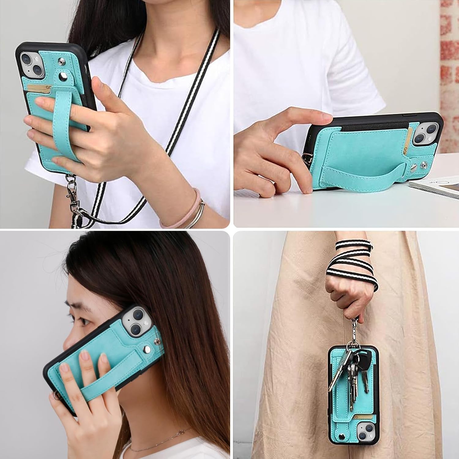 TOOVREN Wallet Case for iPhone 15 Case with Card Holder Lanyard Leather Phone Cover Fits iPhone 15 Wallet Case with Strap Stand for Women & Men 6.1 Inch Blue - Image 6