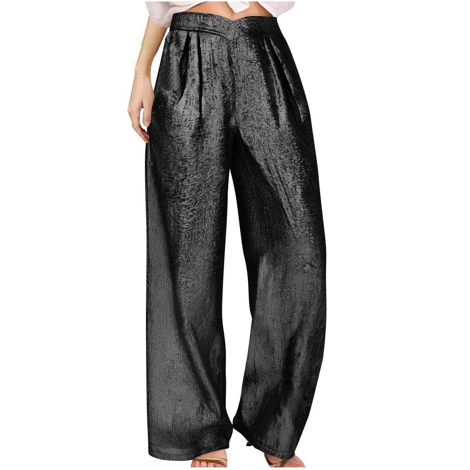 HGps8w Womens Velvet Wide Leg Pants Elastic High Waisted Casual Pleated Long Lounge Palazzo Trousers with Pockets