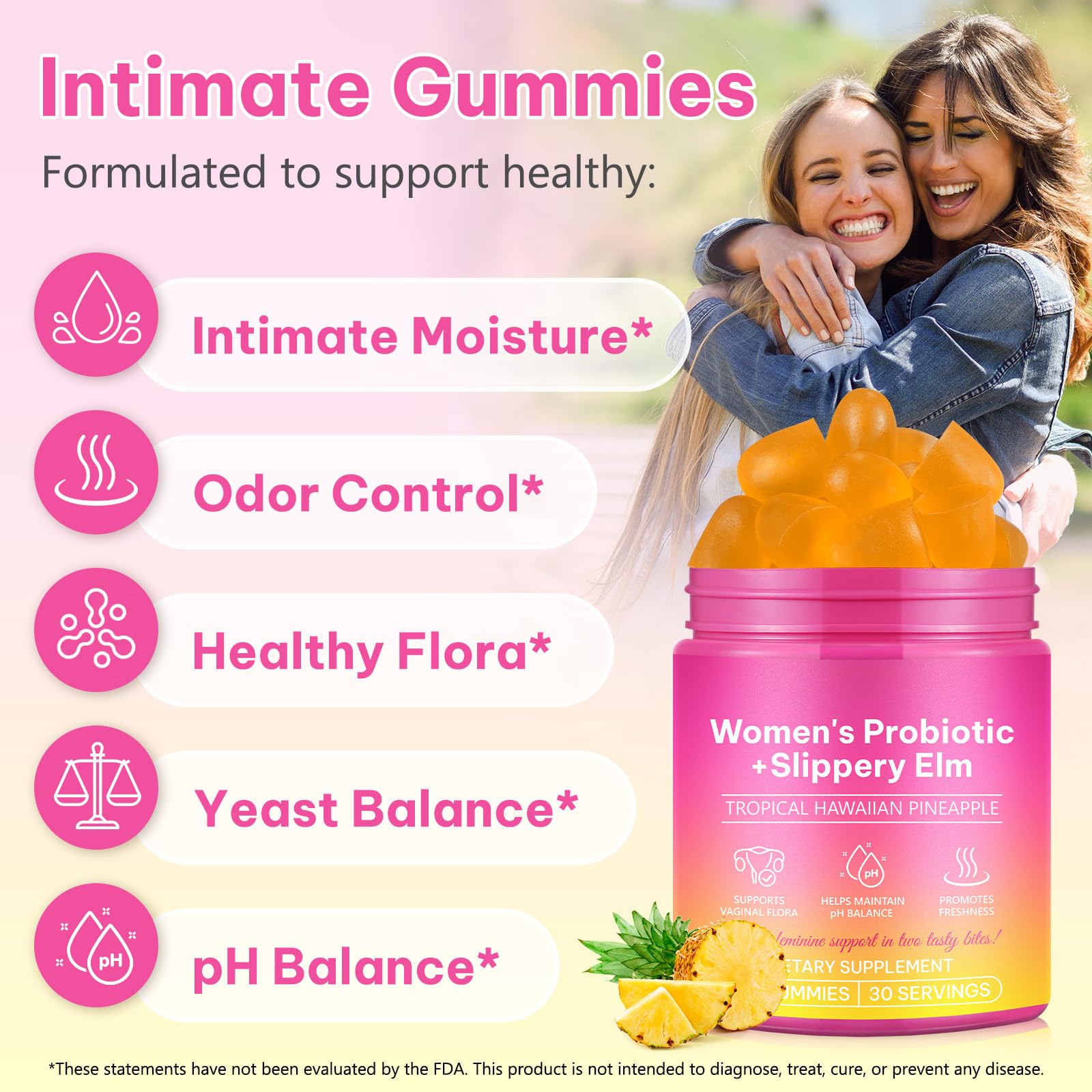 Probiotiques Gummies pour Femmes, Flore Intime Gummies Saveur Ananas, avec Orme Rouge, Support pH et Immunité, Flore intestinale, 60 Gummies
