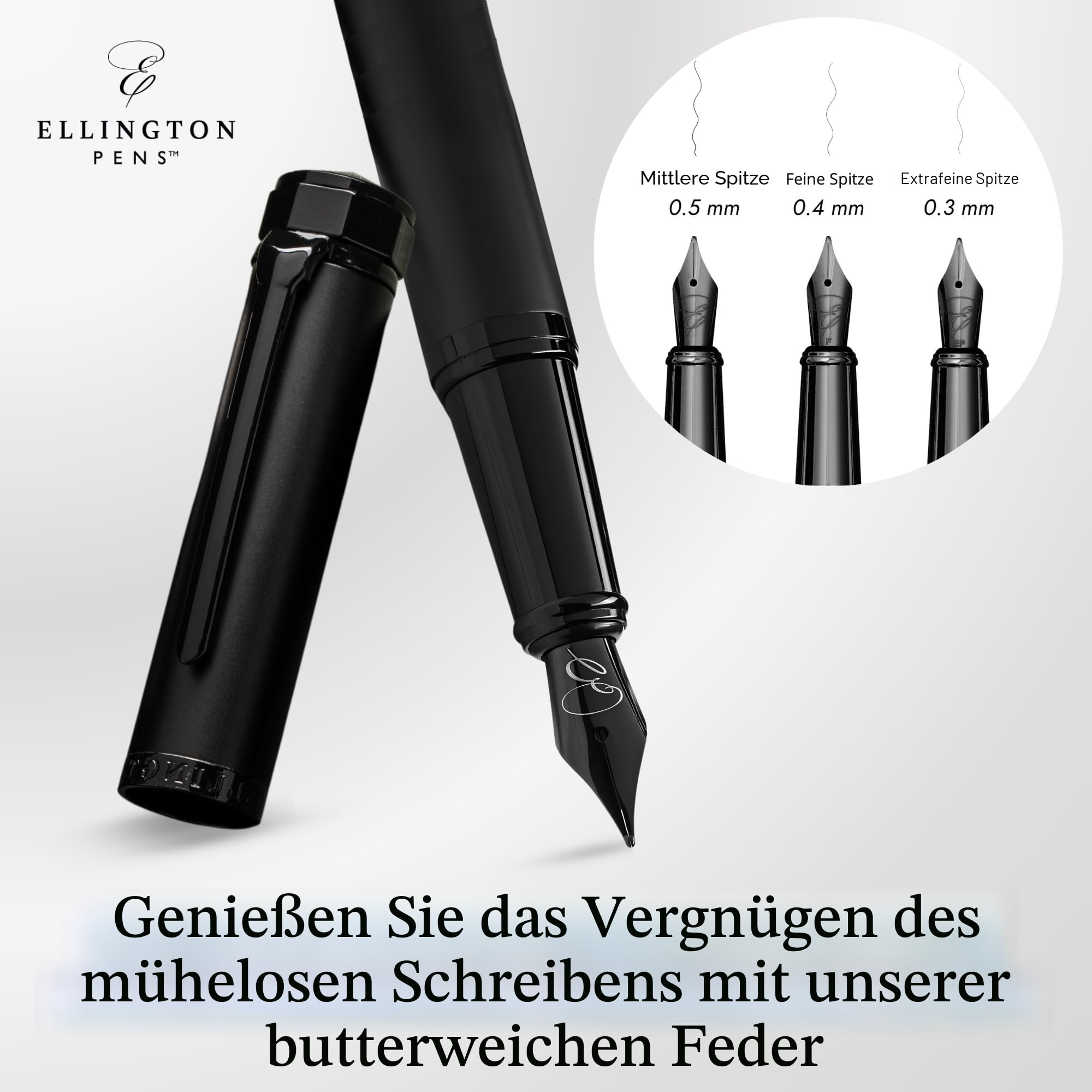 Ellington Pens Luxus Füllfederhalter Set - Füllfederhalter zum Schreiben - Glatte Feder - Inklusive nachfüllbarem Tintenkonverter, 3 Tintenpatronen [2 Schwarz & 1 Blau], Geschenkbox - Elegante