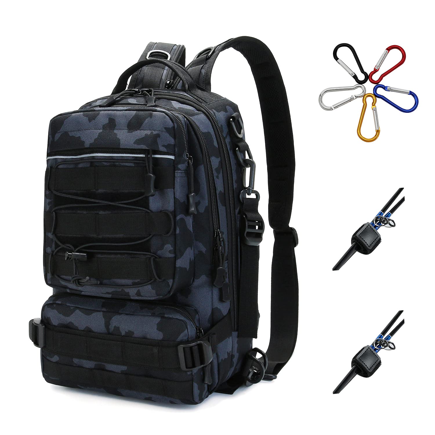 HAKAWAFLY Fishing Backpack, 5-Way, Waterproof, Fishing Bag, Multi-functional, Large Capacity, Includes 1 Waist Belt, 4 Rod Belts, 5 Carabiners, Rucksack, Backpack, 15.6 Inch, Water Repellent Treatment blue camouflage