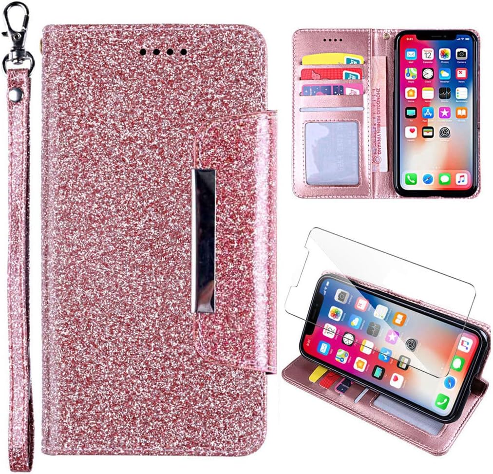 LJSM Case + Tempered Film Glass for Blackview A80 Pro (6.49") Wallet Card Slot Bookstyle with Stand Function Cover PU Leather + TPU Silicone Skin Flip Shell, Rosegold Leather Case