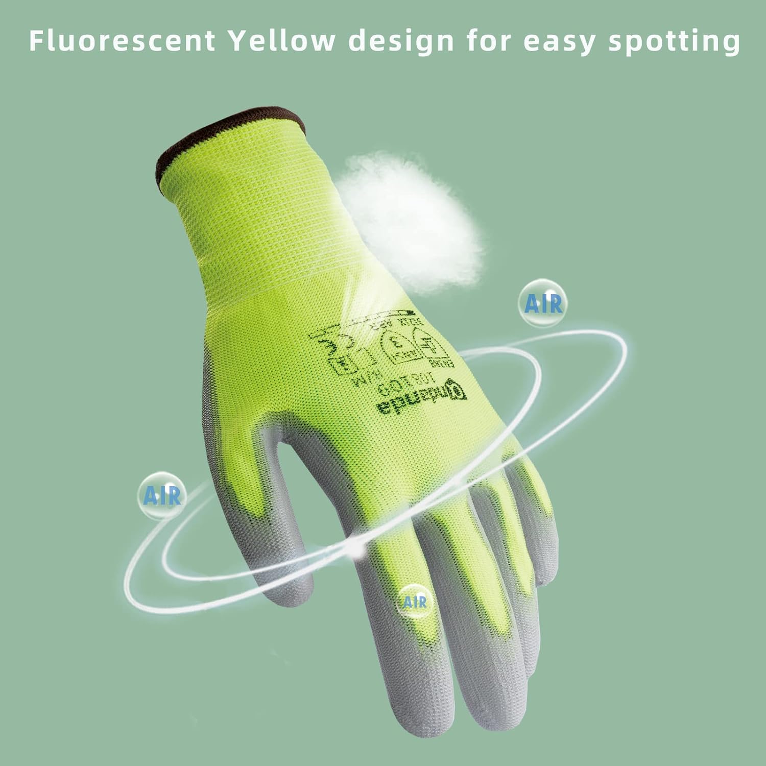 ANDANDA Safety Work Gloves, Seamless Knit Gardening Work Gloves with PU Coated for Men & Women, Warehouse, Fluorescent Yellow - Image 2