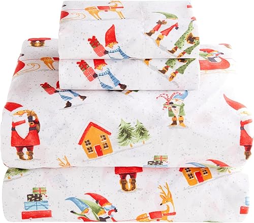 Levtex Home Merry & Bright Collection - Juego de sábanas individual de gnomo para las fiestas, Navidad, sábana superior (66 x 96 pulgadas), sábana
