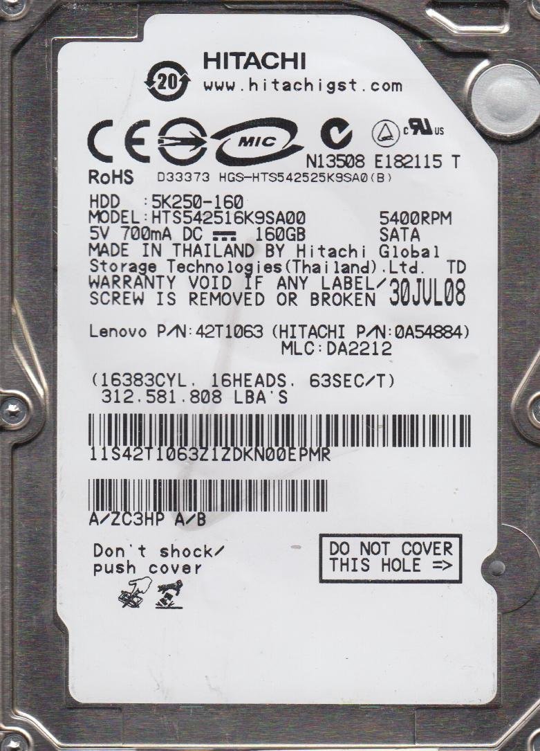 HTS542516K9SA00, PN 0A54884, MLC DA2212, Hitachi 160GB SATA 2.5