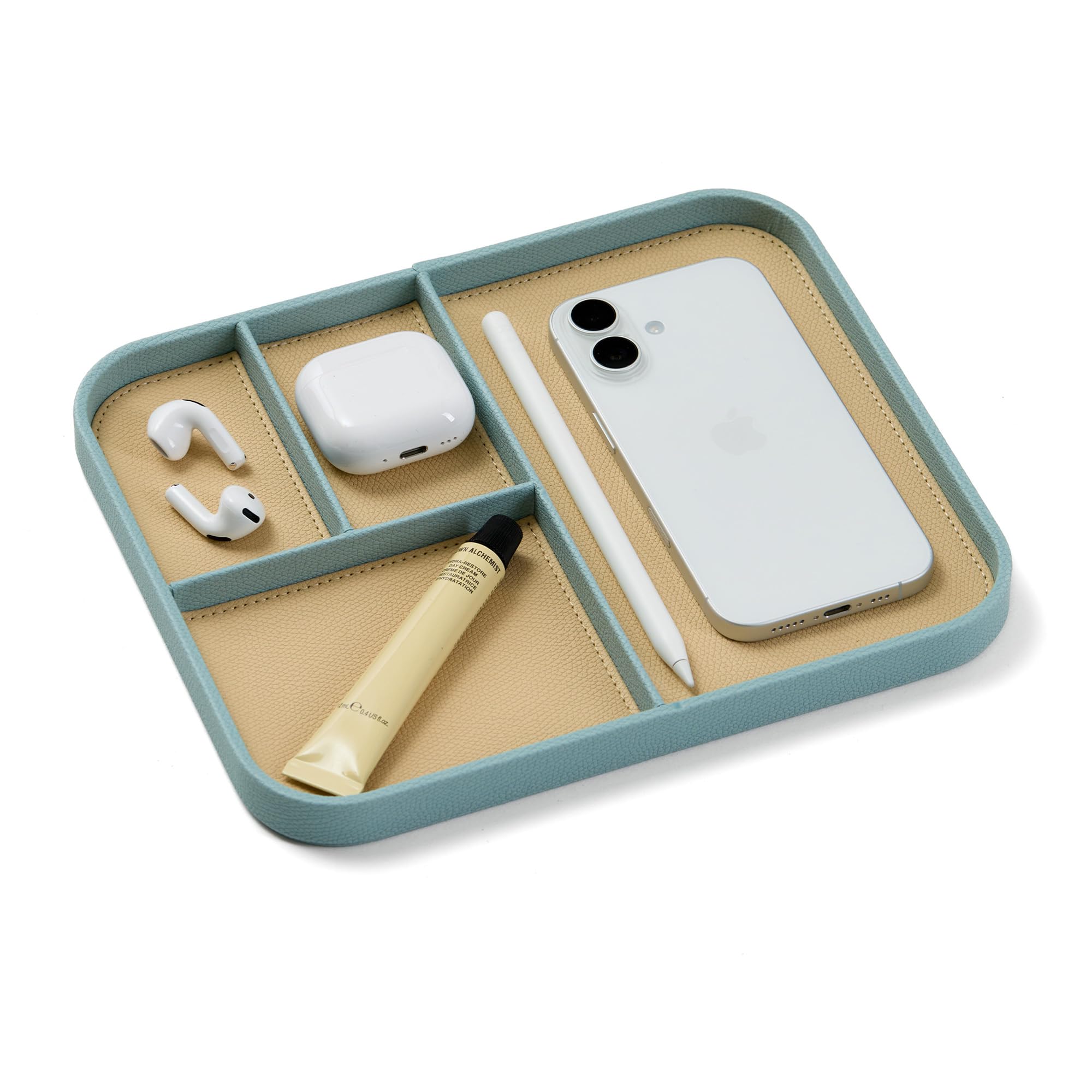 Nordik By Design Men's Seafoam Mist Nordik Leather Valet Tray - 24X20 Cm Medium Vegan Leather Tray For Entryway - Stylish Nightstand Organizer For - Modern Bedside Caddy - Edc Catchall For Keys Phone Wallet Jewellery
