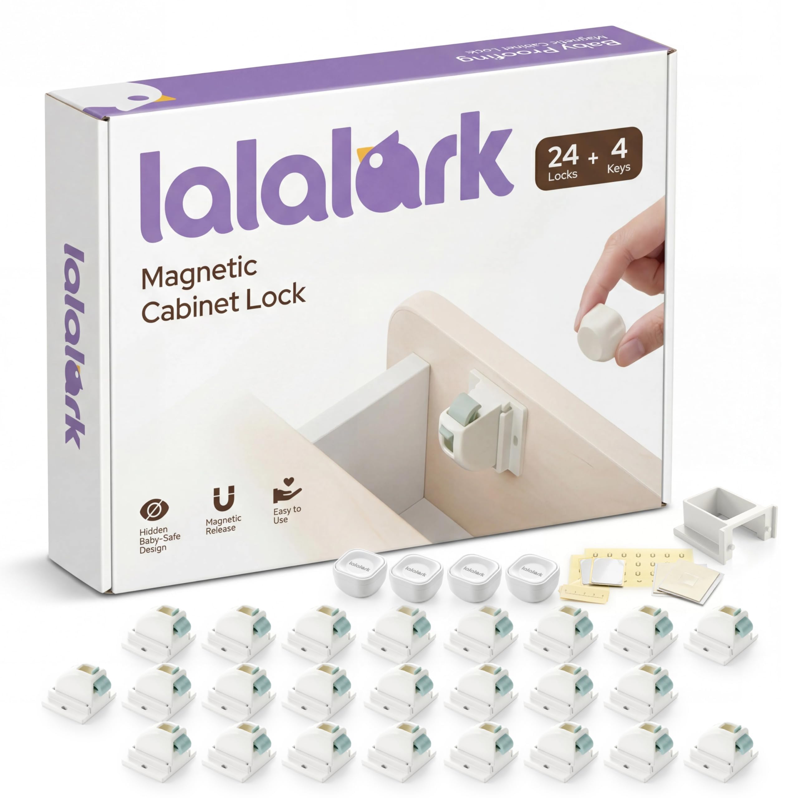 Lalalark Magnetische Kindersicherung (24 Schlösser + 4 Schlüssel), Selbstklebende Kindersicherungen, Unsichtbarer Magnetverschluss, werkzeuglose Kindersicherungen für Schränke, Schubladen und Türen
