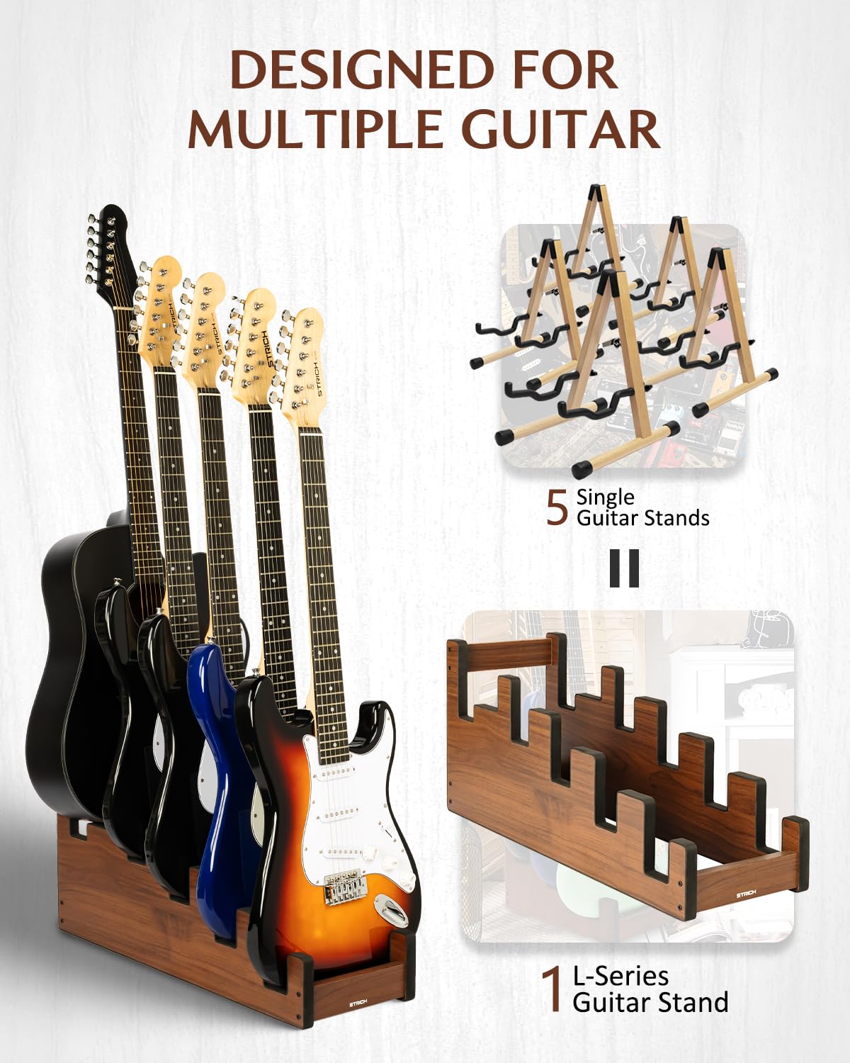 STRICH L-4E1AW Gitarrenständer aus Holz für mehrere Gitarren, 5 Halter, Front-Display, platzsparender Boden-Gitarrenständer für Zuhause, Studio, Bühne, Walnussholz, L-4E1AW (für 4 elektrische + 1