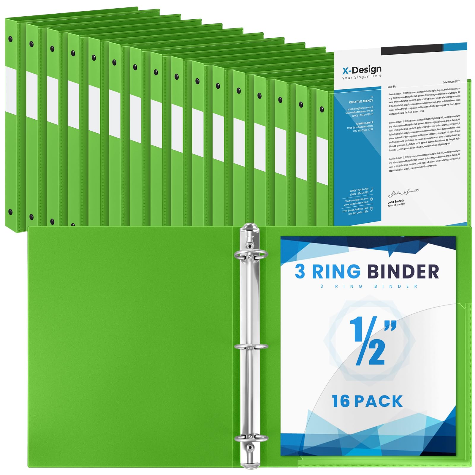 Henoyso 16 Pack 1/2 Inch 3 Ring Binder with Clear Cover Fit Letter Size 8.5" x 11" Paper Holds 140 Sheets, Bulk Binders for Organizing School, Office &amp; Classroom Documents, 1 Pocket (Tender Green)