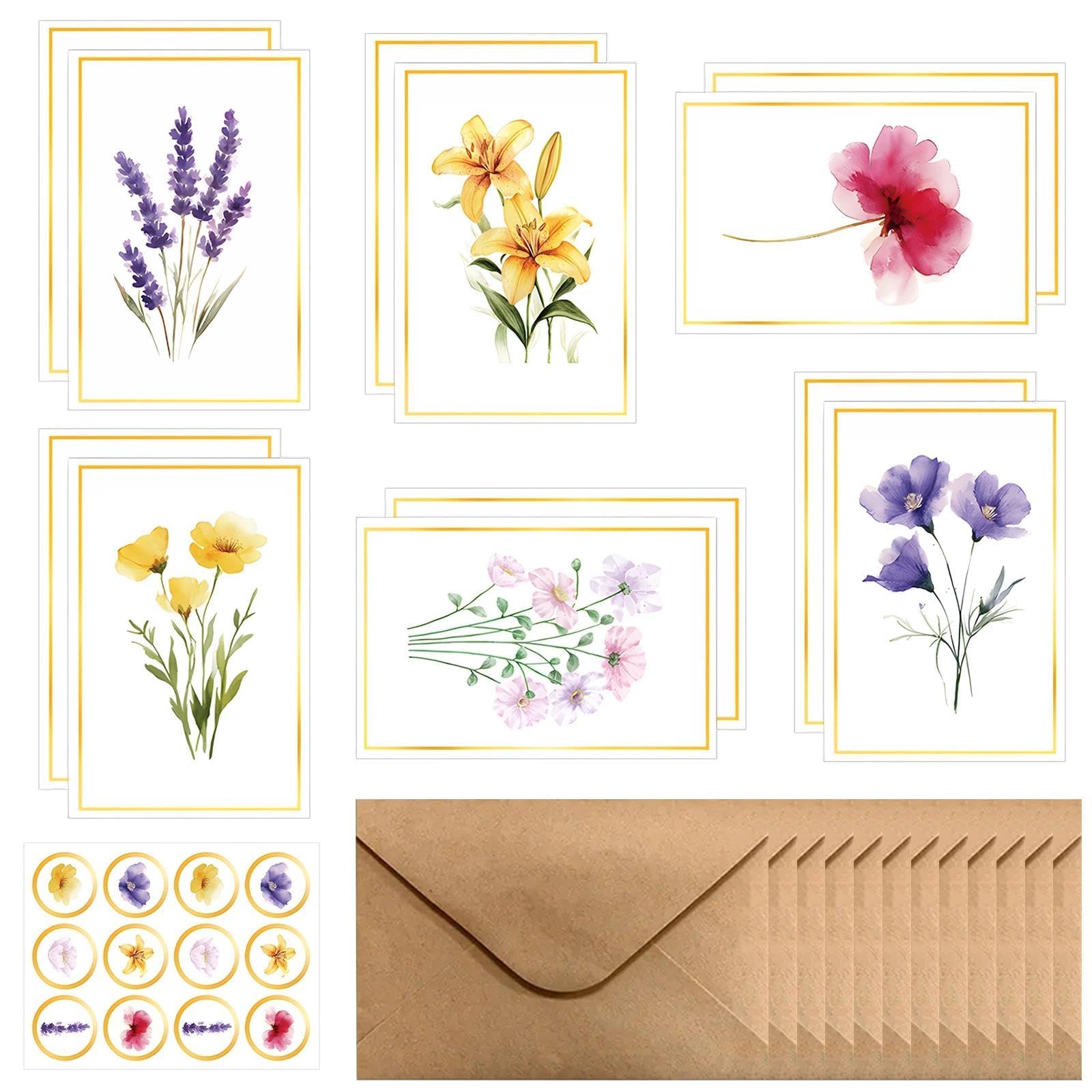12 Pcs Blank Cards with 12 Envelopes, Greet Cards, Elegant Blank Note, Perfect Stationary Set, 6 Floral Designs, with Sticks, for Thank You, Wedding, Birthday, Invitations