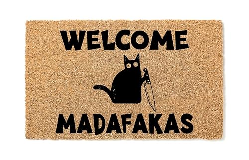 Welcome Madafakas  Funny Doormat  Go Away Funny Doormat  Premium Quality, Thick 100% Coir Coconut Husk Front & Made in the USA - Doormat
