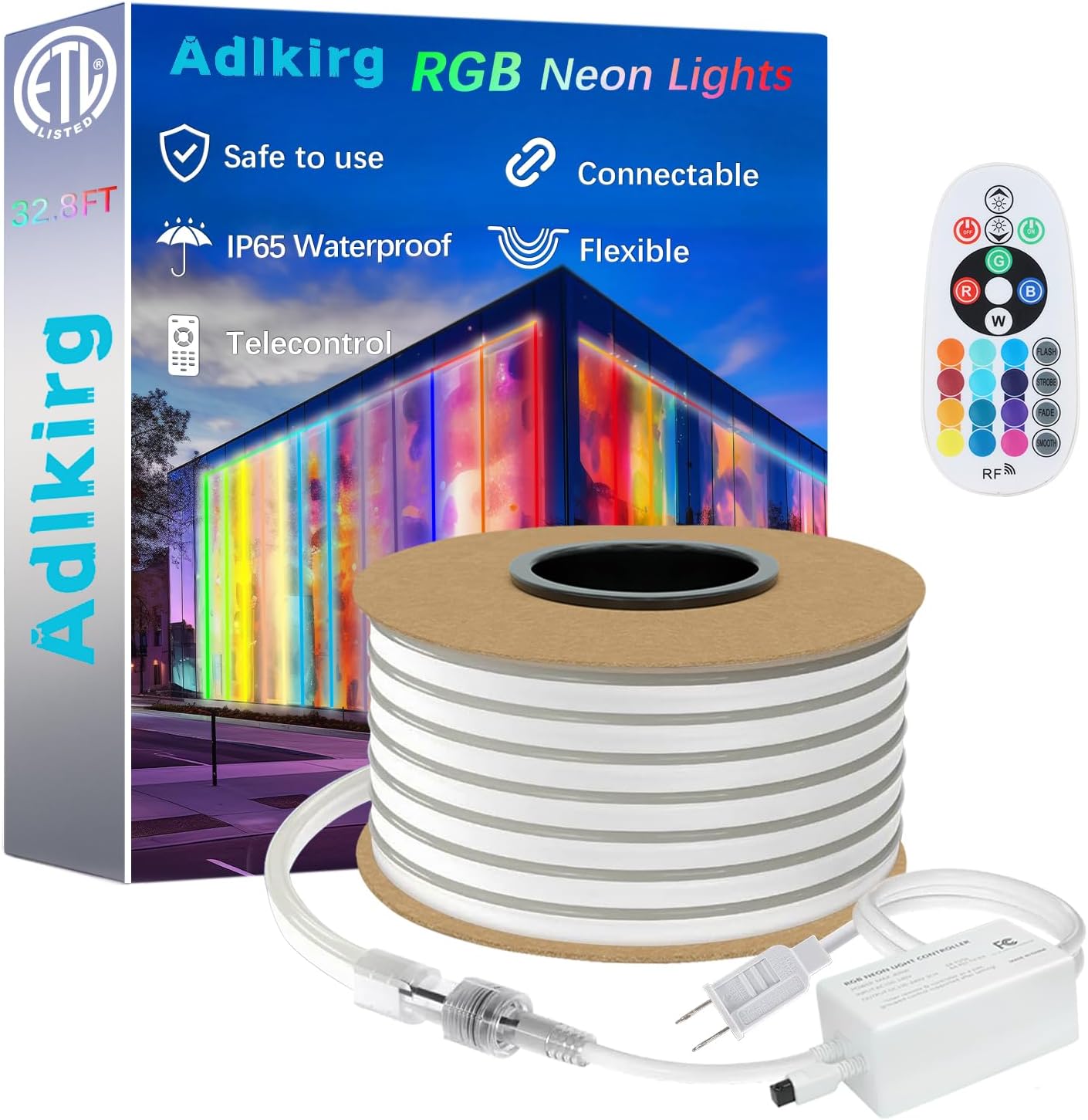 32.8ft RGB Neon Rope Light with Remote - Dimmable Waterproof LED Strip Lights for Indoor & Outdoor, Premium Expandable Lighting to Create Vibrant Atmosphere in Bedroom, KTV, Bar Decor - ETL Certified