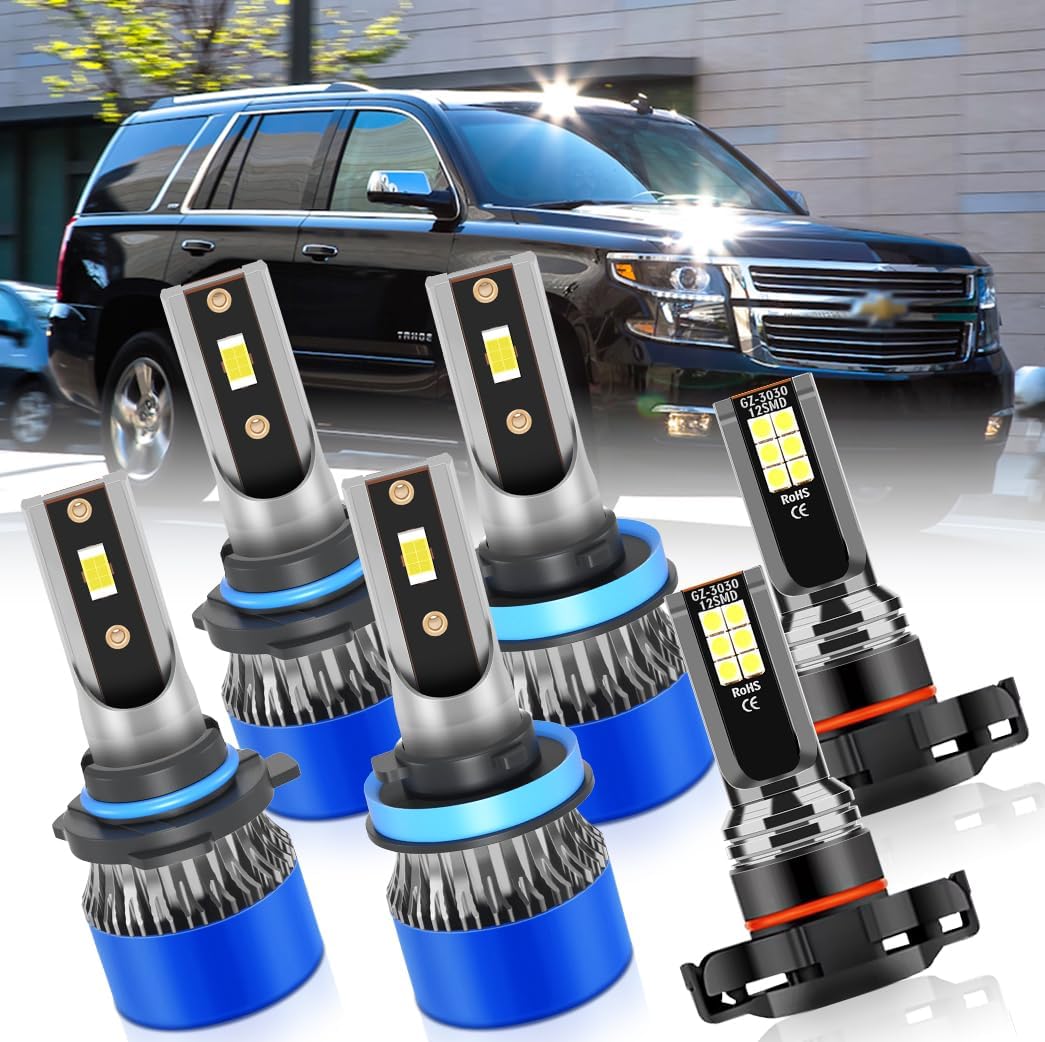 LED Headlight and Fog Light Bulbs for Chevy Tahoe 2007-2019, 6-Pack H11 Low Beam, 9005 High Beam, 5202 Fog Lights, 6500K White, 300% Brighter with Built-in Fan