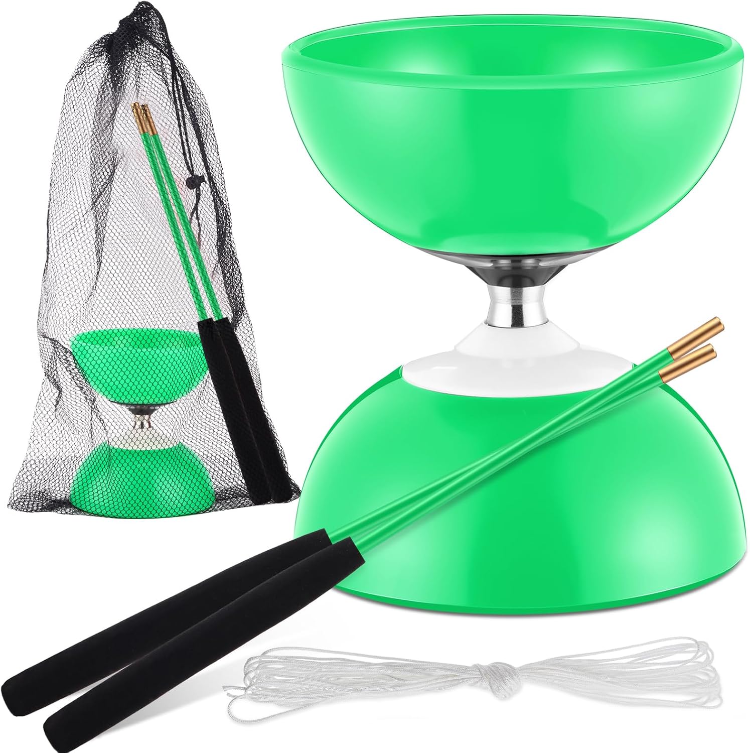 Chinese Yoyo Diabolo Set 5'' Chinese Triple Bearing Diabolo Toy with 2 Sticks, 1 Mesh Drawstring Bag and String(Green)