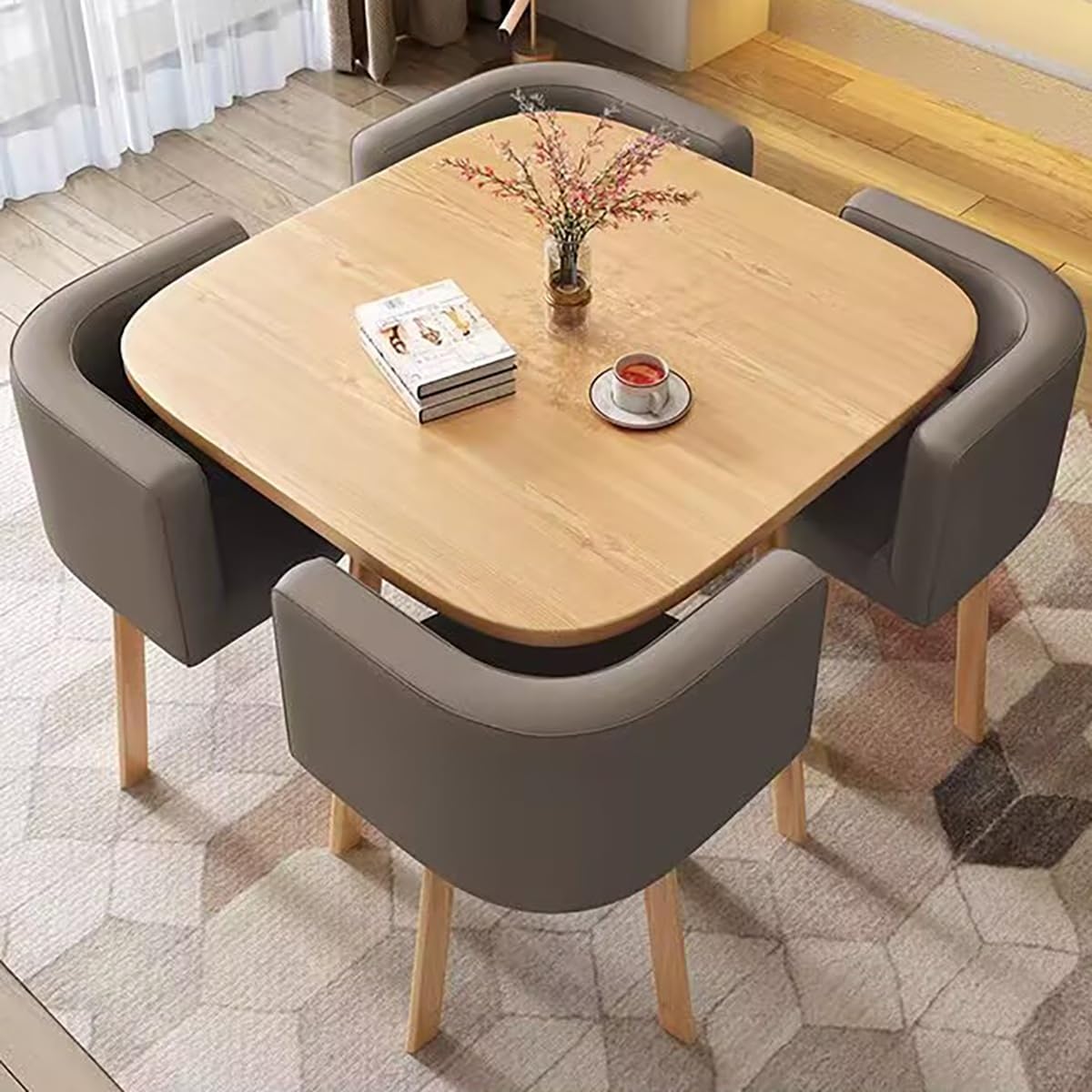 Modern Dark Gray Square Dining Table Set - Office Conference Table with Chairs Breakroom Reception Furniture Stylish Leisure Table & Chair Combination