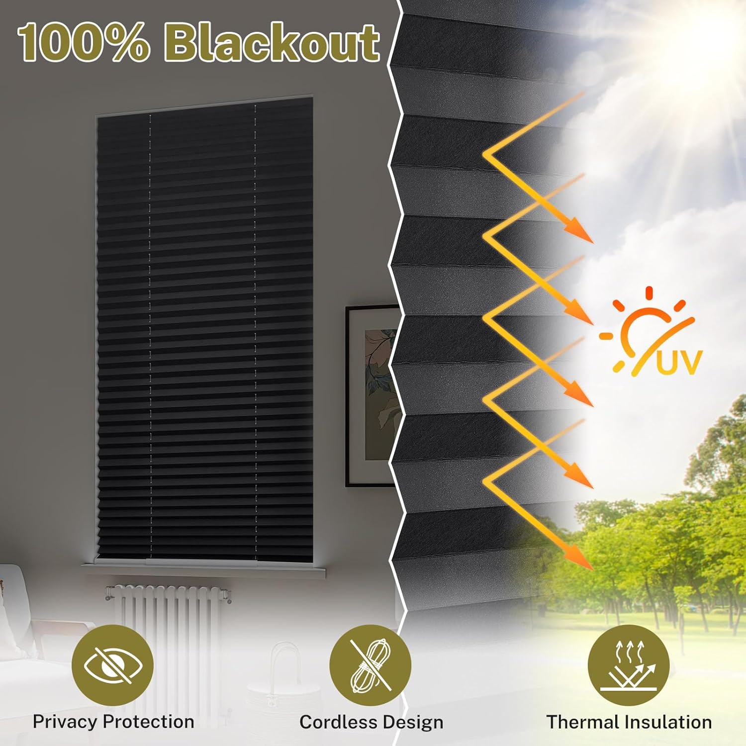 Cordless Pleated Window Shades No Drill Cut to Size Pleated Blinds Easy to Install Window Blinds for Windows Doors (Blackout Black, 30" W x 62" H, 2Packs)