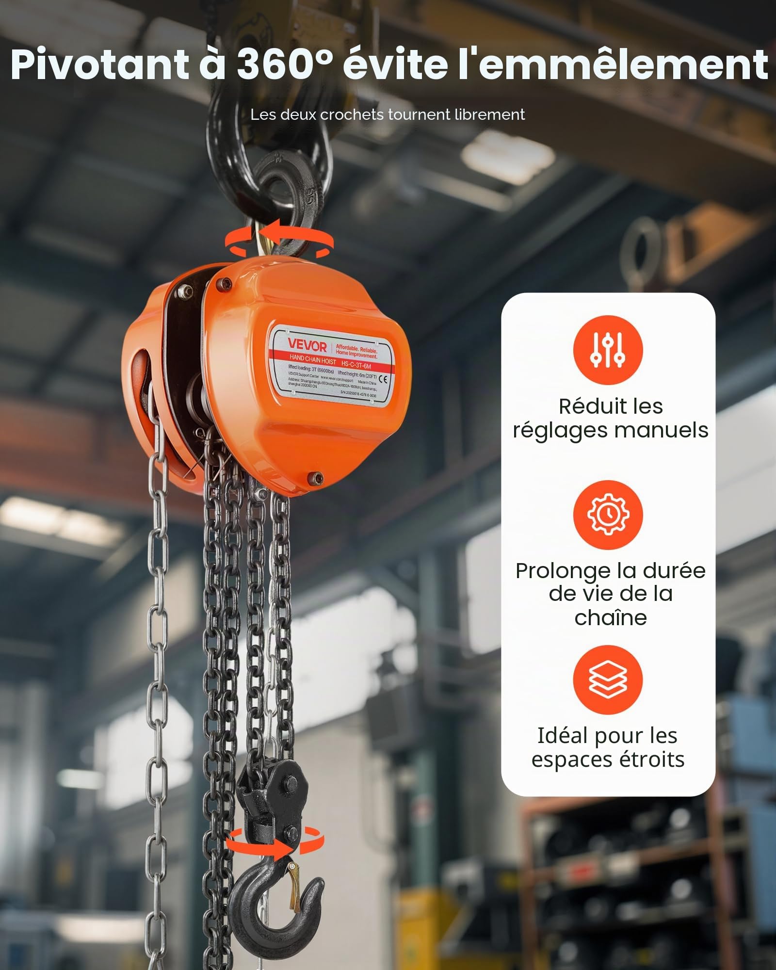 VEVOR Palan Manuel à Chaîne, Capacité Charge 3 T, Hauteur de Levage 6 m, avec Crochet Robuste, Chaîne G80, Système de Frein à Double Cliquet, Levage de Marchandise pour Garages, Chantiers, Entrepôts