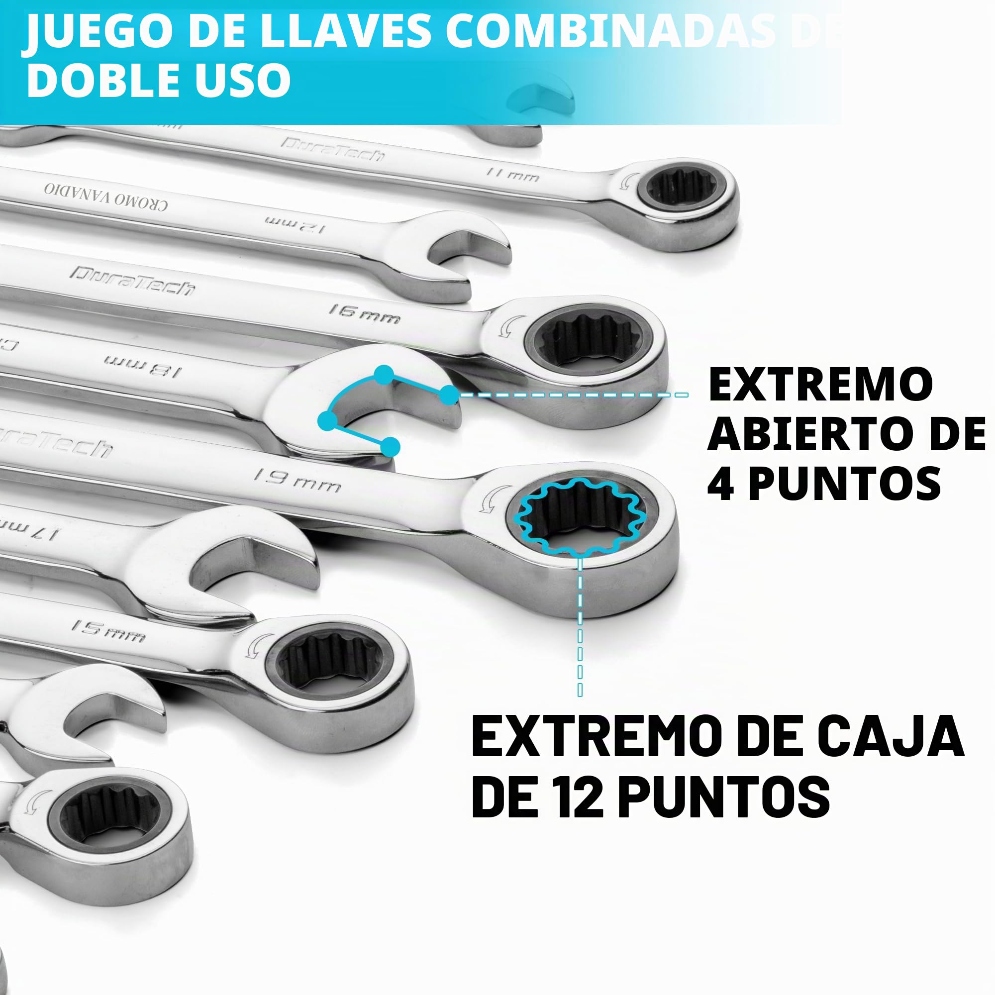 DURATECH Juego de Llaves Combinadas de Carraca de 12 Piezas, Juego de Llaves de Carraca de Cabeza Fija y Extremo Abierto, Métrico, de 8 a 19 mm, de Acero Cr-v, Organizado en Estuche de Almacenamiento | 72 dientes, acero CR-V, organizado en caja de almacen