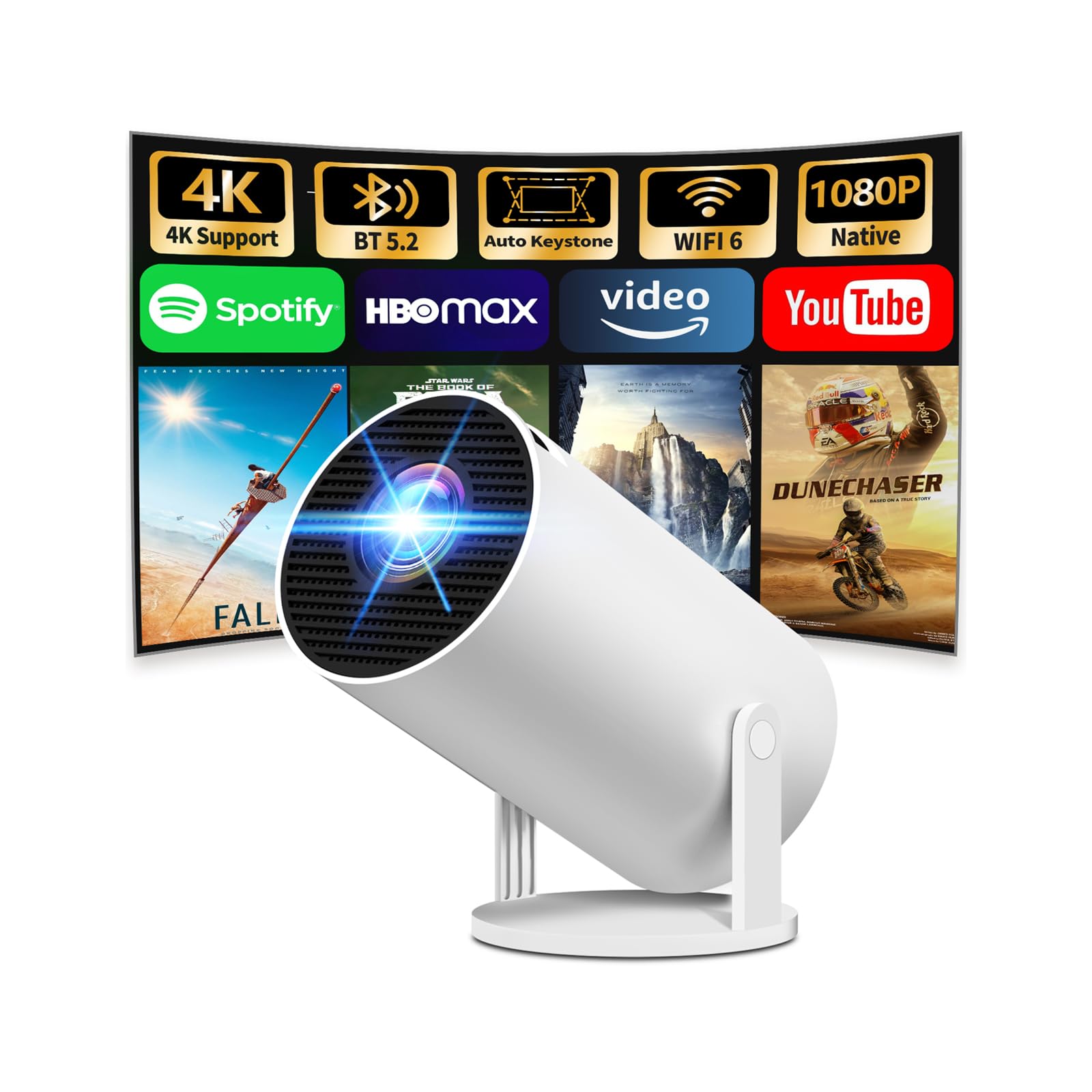 Mini projecteur 4K compatible 1080p Full HD avec WiFi 6 avec BT 5.2, petit projecteur avec applications intégrées avec Keystone automatique et rotation à 270° compatible avec HDMI/TV Stick, blanc