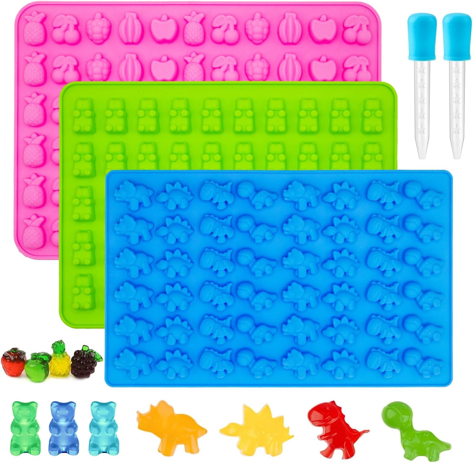 Gummy Candy Molds - Silicone Mini Gummy Bear/Dinosaur/Fruit Snack Molds with 2pcs Dropper,Non-stick and Bpa Free for Candy Chocolate Gummies Baking