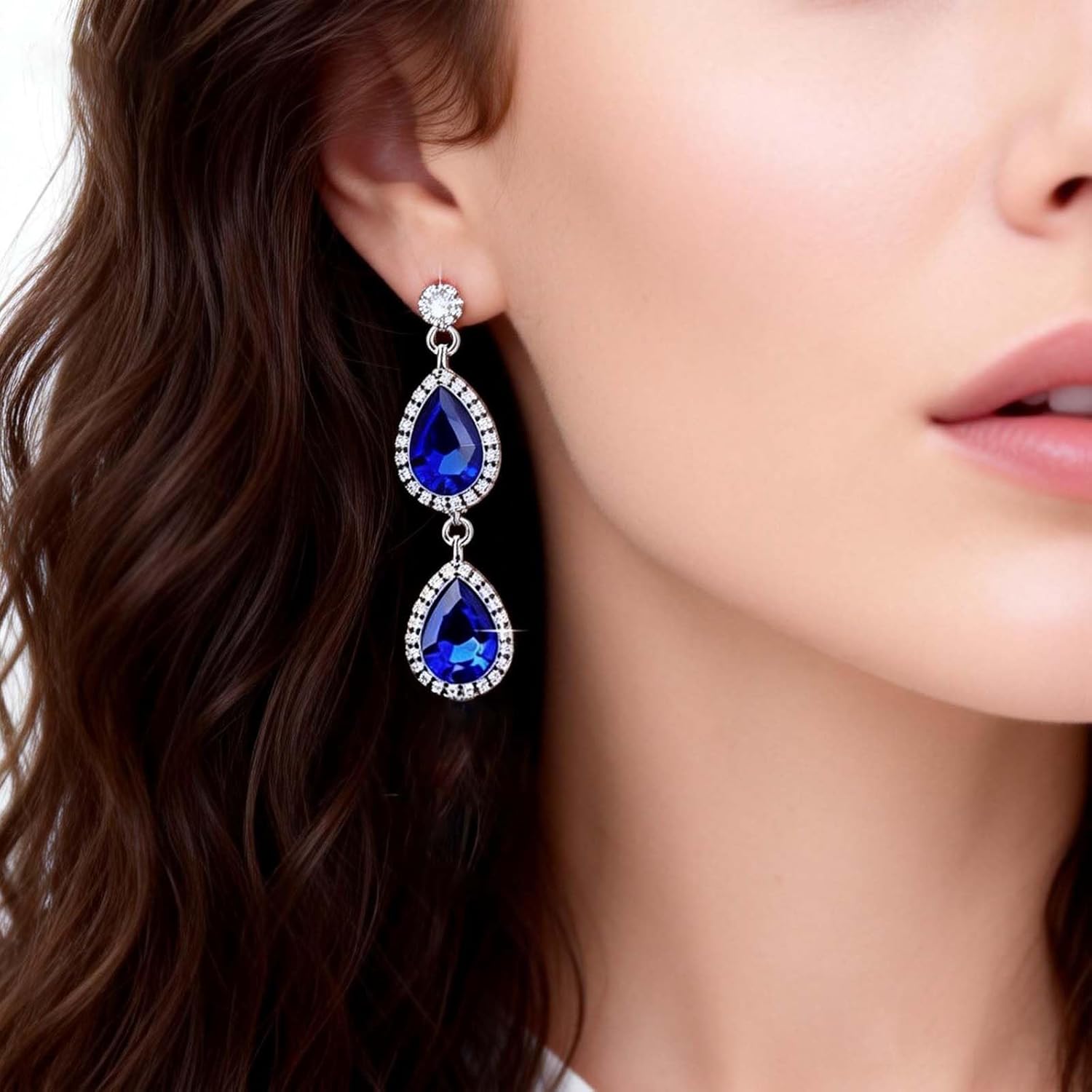Vintage Teardrop Sapphire Earrings Silver Blue Crystal Drop Earring Oval Blue Rhinestone Dangle Earring Pear Blue Cz Stud Earrings Jewelry for Women - Image 2