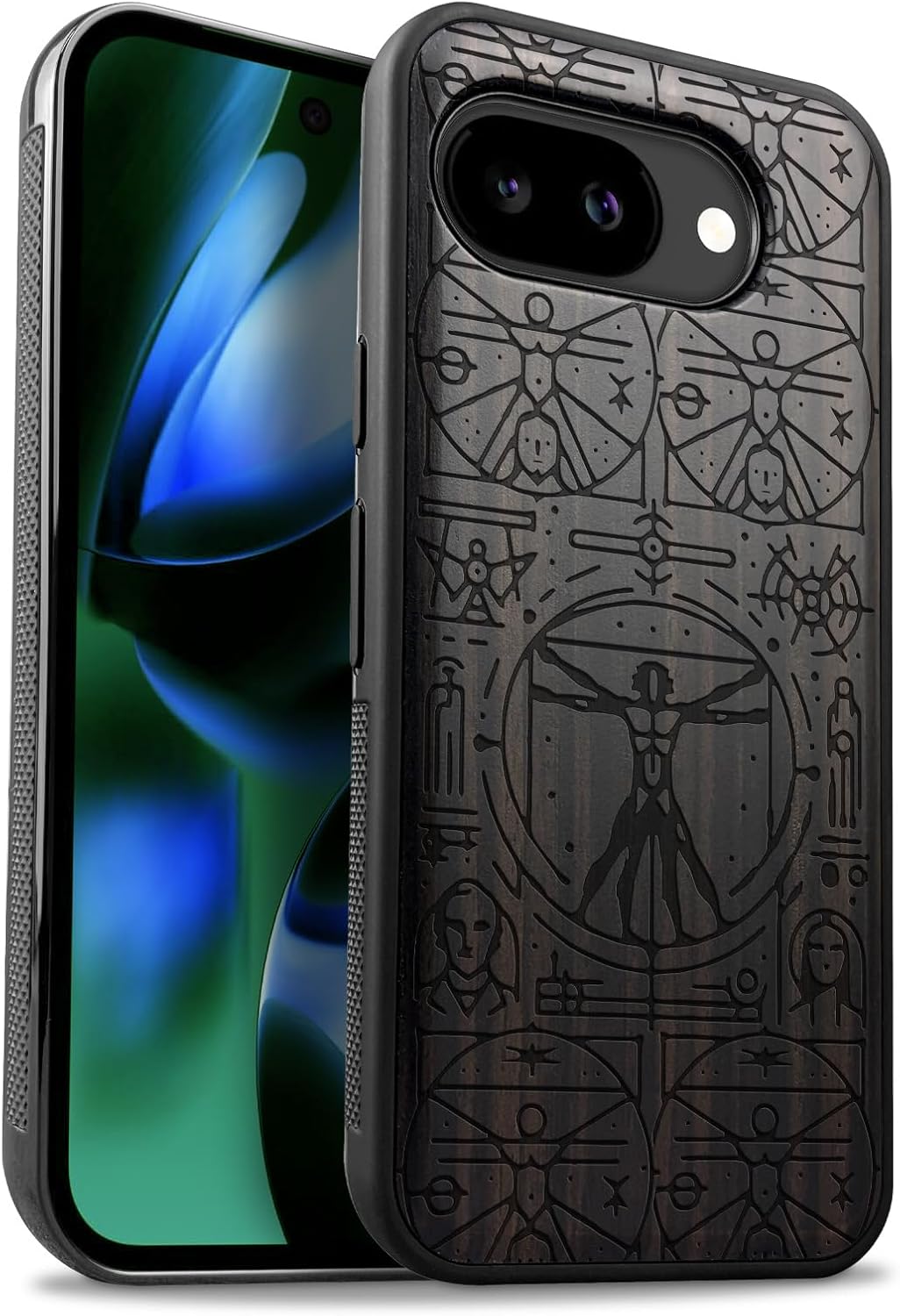 Carveit Magnetic Wooden Case for Google Pixel 10a Case, Wood Artisan Engraved & Soft TPU Shockproof Cover, Compatible with MagSafe Wireless Chargers (Vitruvian Man) Walnut